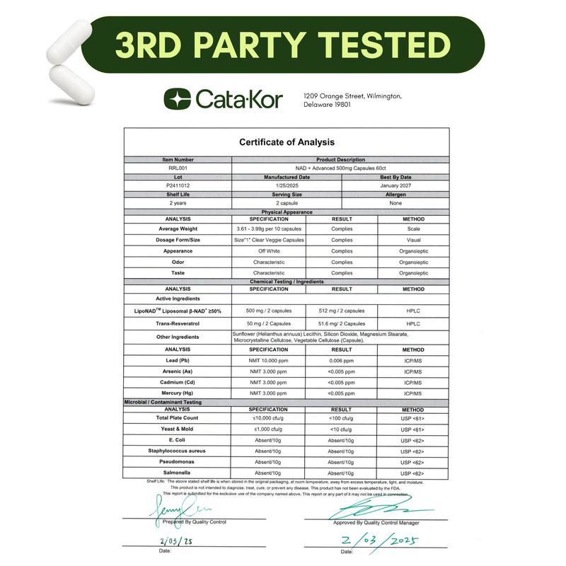 Cata-Kor NAD+ Advanced - NAD+ Supplement for Skin Aging Support, Energy, and Focus - 500mg per Serving - 60 Count (30 Day Supply) - Previously known as Reus Research NR 900Dangerous Goods or Hazardous Materials: None 
 
 Dietary Supplement Disclaimer: Yes 
 
 Product Form: Capsules 
 
 Manufacturer: Cata-Kor 
 
 Age Warning: No 
 
 Ingredients: LippNAD, Resveratrol 
 
 Region of Origin: USAML Clinic  for Wellness