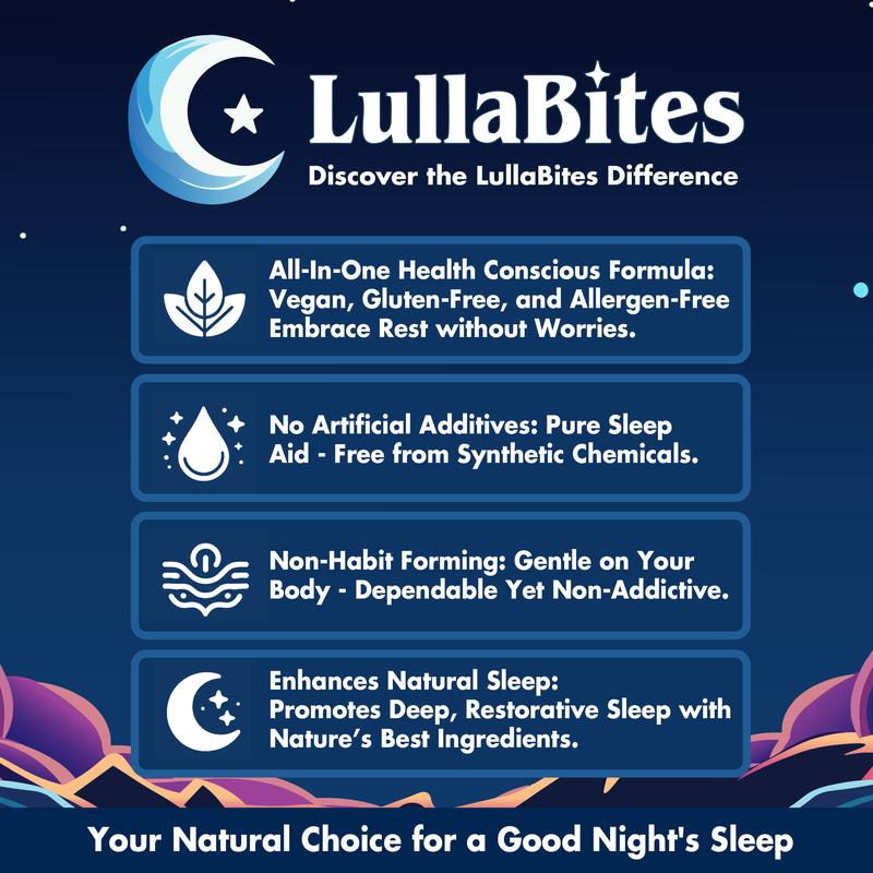 LullaBites Natural Sleep Gummies - 30 Servings - Sweet Strawberry Stars (Melatonin Free)Flavor: Strawberry 
 
 Age Group: Adults 
 
  Health Benefits: Metabolism, Energy, Sleep Improvement, Stress Reduction, Anxiety Relief, Mood Enhancement, Muscle Health, Nervous System Support, Digestive Health, Immune Boosting, Enhances Serotonin 
 
 Manufacturer: LullaBites Inc 
 
 Age Warning: Yes 
 
 Ingredient Feature: Gluten Free, GMO Free, Lactose Free, Vegan, Soy Free, Dairy Free, Sugar Free 
 
 Ingredients: Valerian Root Extract, L-Theanine, Magnesium Glycinate, 5-HTP, Passionflower Extract, Vegan Pectin, Sodium Citrate, Xylitol, Citric Acid, Natural Strawberry Flavor, Purple Carrot Juice Concentrate, Carnauba Wax, Corn Starch 
 
 Net Weight: 180g 
 
 Pack Type: Single Item 
 
 Shelf Life: 24 Months 
 
 Region of Origin: USA 
 
 Product Form: ChewableML Clinic  for Wellness