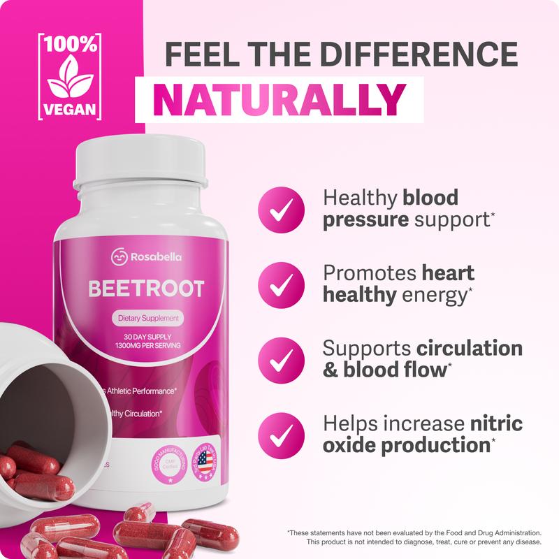 Rosabella Organic Beetroot Capsules (1300mg) for Blood Flow & Heart HealthDangerous Goods or Hazardous Materials: None 
 
 Dietary Supplement Disclaimer: Yes 
 
 Manufacturer: Rosabella 
 
 Age Warning: No 
 
 Ingredients: Beetroot 
 
 Region of Origin: USAML Clinic  for Wellness