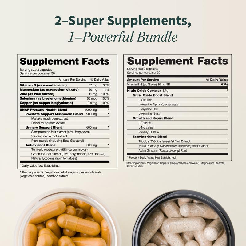 Snap Supplements - Nitric Oxide Booster 90CT + Prostate Health Bundle - Natural Supplement Capsules - Support Blood Circulation & Prostate HealthBrand: Snap Supplements 
 
 Ingredient Feature: Gluten Free, GMO Free, Vegan, Sugar Free, Soy Free 
 
 Dietary Supplement Disclaimer: Yes 
 
 Age Group: Adults 
 
  Health Benefits: Prostate Support, Blood Pressure Control, Brain Health, Detoxing, Heart Health, Immune, Energy 
 
 Recommended Age: 18+ 
 
 Pack Type: Multi-pack 
 
 Shelf Life: 18 Months 
 
 Product Form: Capsules 
 
 Manufacturer: Snap Supplements 
 
 Age Warning: Yes 
 
 Ingredients: Zinc, Magnesium, Copper, Turmeric, Mushroom Powder, L-Arginine, L-Citrulline, Tribulus Terestris, Asian Ginseng, Muira Puama Bark, Saw Palmetto 
 
 Region of Origin: USAML Clinic  for Wellness