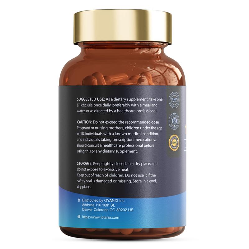 Totaria 12-in-1 Magnesium Complex 700mg - Supplement with Glycinate, Citrate, Malate, Oxide, Taurate, Aspartate, Orotate, Vegan Capsules for Muscle, Heart, and Relaxation SupportIngredient Feature: GMO Free 
 
 Dietary Supplement Disclaimer: Yes 
 
 FDA Registration No.: 19071519956 
 
 Age Group: Adults 
 
  Health Benefits: Bone Health, Brain Health, Energy, Heart Health 
 
 Recommended Age: 18+ 
 
 Quantity Per Pack: 1 
 
 Volume: 120 capsules 
 
 Net Weight: 200g 
 
 Pack Type: Single Item 
 
 Product Form: Capsules 
 
 Manufacturer: Totaria 
 
 Age Warning: Yes 
 
 Ingredients: Magnesium 
 
 Region of Origin: USAML Clinic  for Wellness