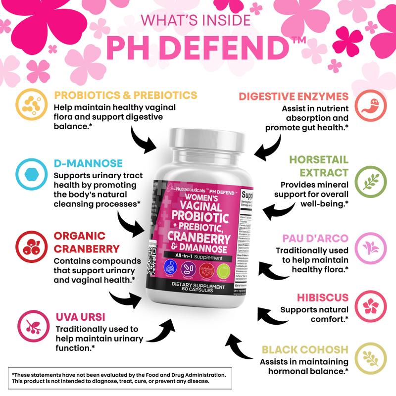 Clean Nutra PH Defend Probiotics for Women Balance with Prebiotics Cranberry Dmannose - Healthy Odor and Tract Support Made in USA Pills SupplementBrand: Clean Nutra
Ingredient Feature: Dairy Free, Soy Free, Sugar Free, Lactose Free
Dangerous Goods or Hazardous Materials: None
Dietary Supplement Disclaimer: Yes
Health Benefits: Multivitamin, Energy
Shelf Life: 24 Months
Product Form: Capsules
Manufacturer: Clean Nutraceuticals
Age Warning: Yes
Ingredients: Digestive Enzymes, Prebiotics, D-Mannose, Cranberry, Women's Probiotic
Region of Origin: USAML Clinic  for Wellness