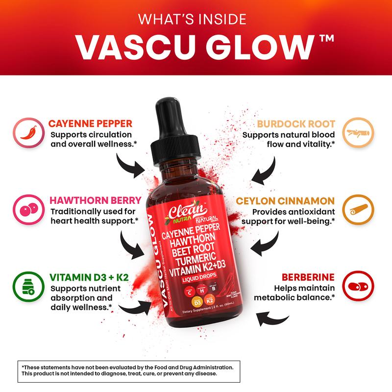 Cayenne Pepper Supplement Liquid Drops + Hawthorn Berry, Vitamin D3 K2 Organic Beetroot Powder, Ceylon Cinnamon, Turmeric Curcumin, Panax GinsengBrand: Clean Nutra 
 
 Ingredient Features: Sugar Free, Vegan, Organic, GMO Free, Gluten Free 
 
 Dietary Supplement Disclaimer: Yes 
 
 Health Benefits: Heart Health, Energy, Multivitamin 
 
 Shelf Life: 24 Months 
 
 Product Form: Liquid 
 
 Manufacturer: Clean Nutraceuticals 
 
 Age Warning: Yes 
 
 Ingredients: Ceylon Cinnamon, Berberine, Turmeric, Beet Root, Vitamin K2, Vitamin D3, Hawthorn Berry, Cayenne Pepper 
 
 Region of Origin: USAML Clinic  for Wellness