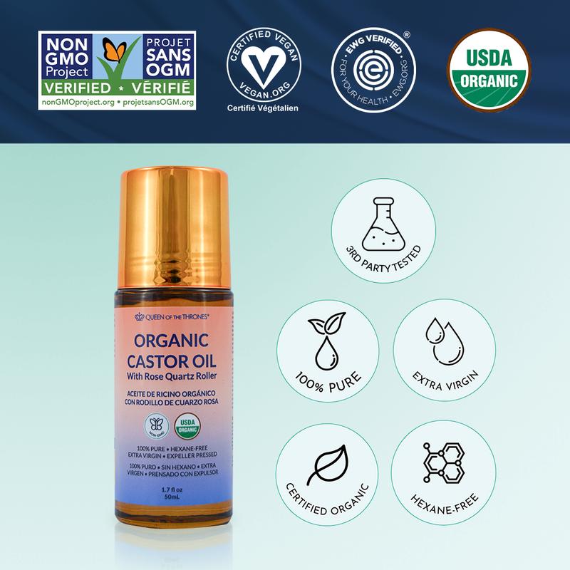 Organic Golden Castor Oil Roll-On with Rose Quartz 1.7ozContains Batteries or Cells?: None 
 
 Dangerous Goods or Hazardous Materials: None 
 
 Flammable Liquid: No 
 
 Flavor: None 
 
 Age Range: Adult 
 
 Quantity Per Pack: 1 
 
 Volume: 50ml 
 
 Pack Type: Single Item 
 
 Shelf Life: 24 Months 
 
 Region of Origin: USAML Clinic  for Wellness