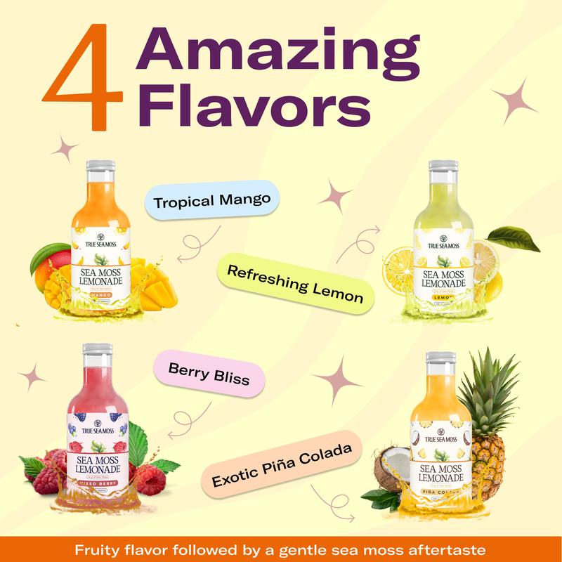 Sea Moss Lemonade Pack of 4 - Lemon, Mango, Berry, Pina Colada - Sea Moss Helps with Immune Support, Thyroid Support & Digestion SupportBrand: True Sea Moss
Ingredient Feature: Organic, Gluten Free, GMO Free, Vegan, Natural, Alcohol Free, Vitamin C, Vitamin E, Caffeine Free, Low Fat, Low Sugar
 Dietary Needs: Vegan, Gluten-free, Vegetarian
Dangerous Goods or Hazardous Materials: None
Age Group: All Ages
 Health Benefits: Immune, Detoxing, Energy, Multivitamin, Blood Pressure Control
Quantity Per Pack: 4
Volume: 12 oz
Pack Type: Multi-pack
Shelf Life: 12 Months
Product Form: Liquid
Manufacturer: TrueSeaMoss
Age Warning: No
Ingredients: Purified Water; Lemon Puree; Dried Sea Moss; Monk Fruit Juice Concentrate; Ascorbic Acid
Region of Origin: USAML Clinic  for Wellness