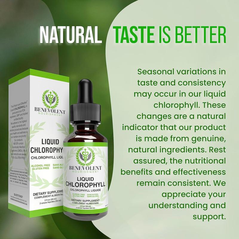 Liquid Chlorophyll Drops (4 Month Supply) Healthcare Supplement - Natural Deodorant and Detox - Gut Support Healthcare LiverBrand: Benevolent Nutrition 
 
 Flavor: Mint 
 
 Health Benefits: Detoxing, Energy 
 
 Ingredient Feature: GMO Free 
 
 Quantity Per Pack: 1 
 
 Volume: 59ml 
 
 Pack Type: Single Item 
 
 Product Form: Liquid 
 
 Manufacturer: Benevolent Nourishment 
 
 Age Warning: No 
 
 Ingredients: Chlorophyll 
 
 Region of Origin: USAML Clinic  for Wellness