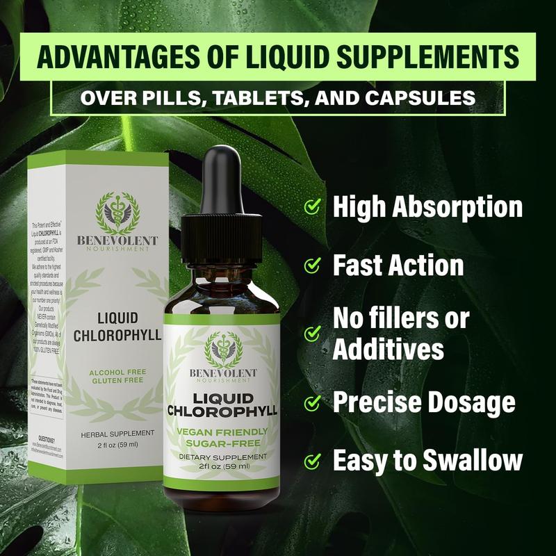 Liquid Chlorophyll Drops (4 Month Supply) Healthcare Supplement - Natural Deodorant and Detox - Gut Support Healthcare LiverBrand: Benevolent Nutrition 
 
 Flavor: Mint 
 
 Health Benefits: Detoxing, Energy 
 
 Ingredient Feature: GMO Free 
 
 Quantity Per Pack: 1 
 
 Volume: 59ml 
 
 Pack Type: Single Item 
 
 Product Form: Liquid 
 
 Manufacturer: Benevolent Nourishment 
 
 Age Warning: No 
 
 Ingredients: Chlorophyll 
 
 Region of Origin: USAML Clinic  for Wellness