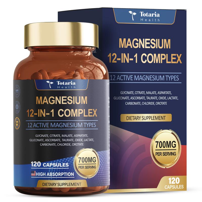 Totaria 12-in-1 Magnesium Complex 700mg - Supplement with Glycinate, Citrate, Malate, Oxide, Taurate, Aspartate, Orotate, Vegan Capsules for Muscle, Heart, and Relaxation SupportML Clinic  for Wellness