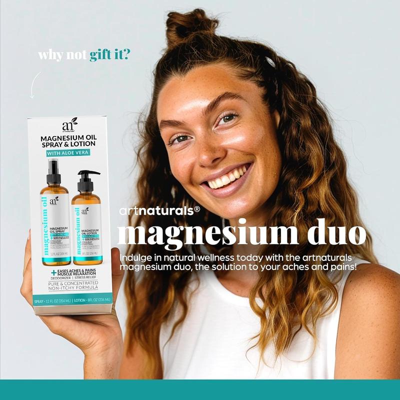 Artnaturals Magnesium Oil Spray 12 oz & Body Massage Lotion Set 8oz for Feet & Sleep - Extra Strength Cream Ultra-Pure Relief & Relaxation Muscle Health Leg & Joint Care Topical Non Itch Pack Aloe Calming Cosmetic Body OilBrand: artnaturals 
 
 Contains Batteries or Cells?: None 
 
 Dangerous Goods or Hazardous Materials: Yes 
 
 Aerosols: No 
 
 Flammable Liquid: No 
 
 Item Name: artnaturals Magnesium Oil Duo 
 
 Specific Use: Deodorize, Supports Sleep, Muscle Relief 
 
  Skin Type: Combination, Dry, Mature, Normal Oily, Oily 
 
 Scent: Unscented 
 
 Material Type Free: dye free, Aluminum Free 
 
 Ingredient Feature: Aluminum Free, Artificial Color Free, Dye Free 
 
 Gender: Unisex 
 
 Benefits: Deodorizer, Muscle Relaxing, Moisturizing 
 
 Feature: Cruelty-free, Natural, Non-toxic, Organic 
 
 Contains Alcohol or Aerosol: Contains Neither 
 
 Pack Type: Multi-pack 
 
 Region of Origin: USA 
 
 Manufacturer: artnaturals 
 
 Quantity Per Pack: 2 
 
 Ingredients: Aloe Vera, Magnesium 
 
 Volume: 236ml 
 
 Net Weight: 680gML Clinic  for Wellness