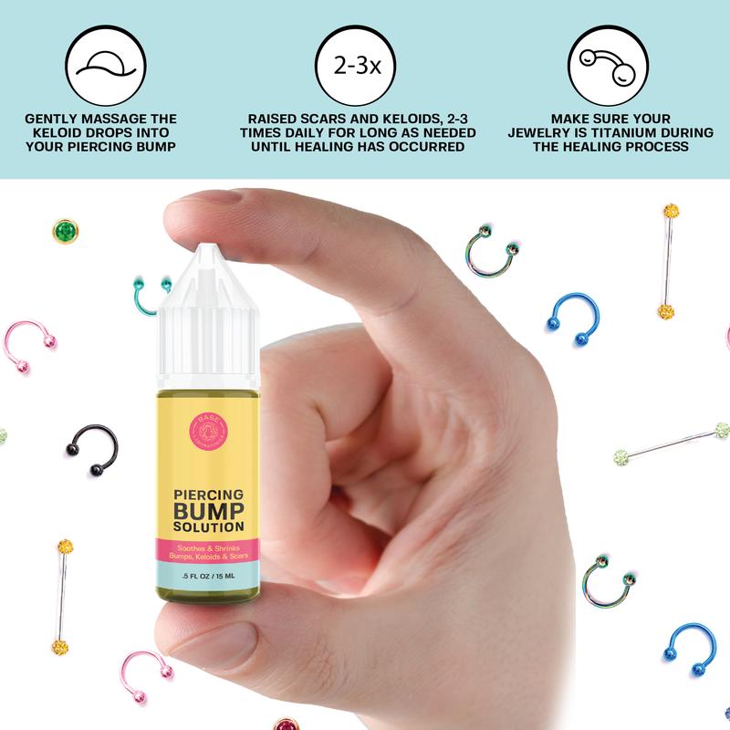 Base Labs Piercing Bump Solution I Keloid Bump Removal - Soothing Essential Oil for Piercing Bumps, Keloids & Scars| Nose, Ears, Body - 15mlBrand: Base Laboratories
Environmental Feature: Non-Toxic
Dangerous Goods or Hazardous Materials: Yes
Aerosols: No
Flammable Liquid: No
Contains Batteries or Cells?: None
Container Type: Bottle
Benefits: Piercing Bump, Smoothing, Cleansing, Nourishing, Rejuvenate, Cruelty Free
Region of Origin: China
Benefits: Piercing Aftercare, Piercing Bump Removal, Promotes Healing of Fresh Piercing, Keloid Bump Removal
Shelf Life: 24 Months
Material Type Free: Alcohol Free
Item Name: Piercing Bump Solution
Product Form: Oil
Feature: Alcohol Free, Chemical Free
Quantity Per Pack: 1
Age Group: Adults
Skin Type: All Skin Types
Edition: Regular Edition
Pack Type: Single Item
Contains Alcohol or Aerosol: Contains Neither
Net Weight: 20g
Ingredients: grape seed, rosemary, lavender, turmeric, clove, rose
Manufacturer: Base LaboratoriesML Clinic  for Wellness