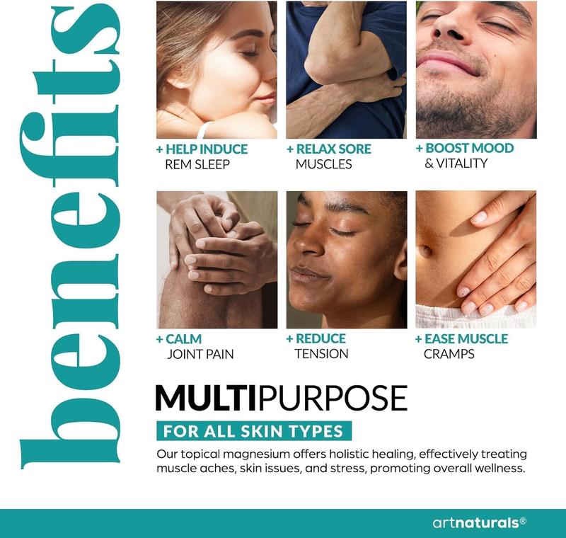 Artnaturals Magnesium Oil Spray 12 oz & Body Massage Lotion Set 8oz for Feet & Sleep - Extra Strength Cream Ultra-Pure Relief & Relaxation Muscle Health Leg & Joint Care Topical Non Itch Pack Aloe Calming Cosmetic Body OilBrand: artnaturals 
 
 Contains Batteries or Cells?: None 
 
 Dangerous Goods or Hazardous Materials: Yes 
 
 Aerosols: No 
 
 Flammable Liquid: No 
 
 Item Name: artnaturals Magnesium Oil Duo 
 
 Specific Use: Deodorize, Supports Sleep, Muscle Relief 
 
  Skin Type: Combination, Dry, Mature, Normal Oily, Oily 
 
 Scent: Unscented 
 
 Material Type Free: dye free, Aluminum Free 
 
 Ingredient Feature: Aluminum Free, Artificial Color Free, Dye Free 
 
 Gender: Unisex 
 
 Benefits: Deodorizer, Muscle Relaxing, Moisturizing 
 
 Feature: Cruelty-free, Natural, Non-toxic, Organic 
 
 Contains Alcohol or Aerosol: Contains Neither 
 
 Pack Type: Multi-pack 
 
 Region of Origin: USA 
 
 Manufacturer: artnaturals 
 
 Quantity Per Pack: 2 
 
 Ingredients: Aloe Vera, Magnesium 
 
 Volume: 236ml 
 
 Net Weight: 680gML Clinic  for Wellness