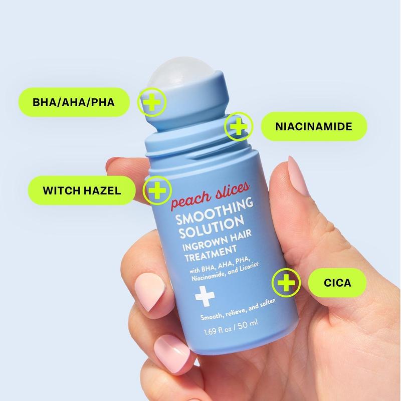 《Peach Slices Official》 Smoothing Solution Ingrown Hair Treatment: Glide Your Way to Silky-Smooth, Bump-Free SkinBrand: Peach Slices 
 
 Contains Batteries or Cells?: None 
 
 Dangerous Goods or Hazardous Materials: None 
 
 Aerosols: No 
 
 Flammable Liquid: No 
 
 Container Type: Tube 
 
 Benefits: Soothing, Hydrating, Nourishing 
 
 Region of Origin: Korea 
 
 benefit: Soothing, Moisturizing 
 
 Shelf Life: 24 Months 
 
 Item Name: Smoothing Solution Ingrown Hair Treatment 
 
 Product Form: Oil 
 
 Features: Vegan, chemical-free, cruelty-free, BHA 
 
 Quantity Per Pack: 1 
 
 Age Group: Adults 
 
  Skin Type: All Skin Types, Sensitive, Dry, Normal, Oily, Combination 
 
 Edition: Regular Edition 
 
 Pack Type: Single Item 
 
 Contains Alcohol or Aerosol: Contains Neither 
 
 Net Weight: 50ml 
 
 Ingredients: Water, Butylene Glycol, Glycerin, 1,2-Hexanediol, Niacinamide, Salicylic Acid, Chamaecyparis Obtusa Water, Cucumber Sativus (cucumber) fruit Extract, Aloe Barbadensis leaf Extract, Witch Hazel Virginiana (Witch) Hazel leaf Extract,Malpighia Glabra (Acerola) fruit Extract, Fructan, Madecassoside, Asiaticoside, Glycolic Acid, Gluconolactone, Perilla ocymoides seed Extract, Zinc PCA,Madecassic Acid, Asiatic Acid, Scutellaria Baicalensis root Extract, Betaine, Beta-Glucan, Glycyrrhiza Glabra Licorice root Extract, Allantoin, Potassium Hydroxide, Ulmus Davidiana root Extract, Hydroxyethylcellulose, Ethylhexylglycerin, Caprylyl Glycol 
 
 Manufacturer: Peach & LilyML Clinic  for Wellness