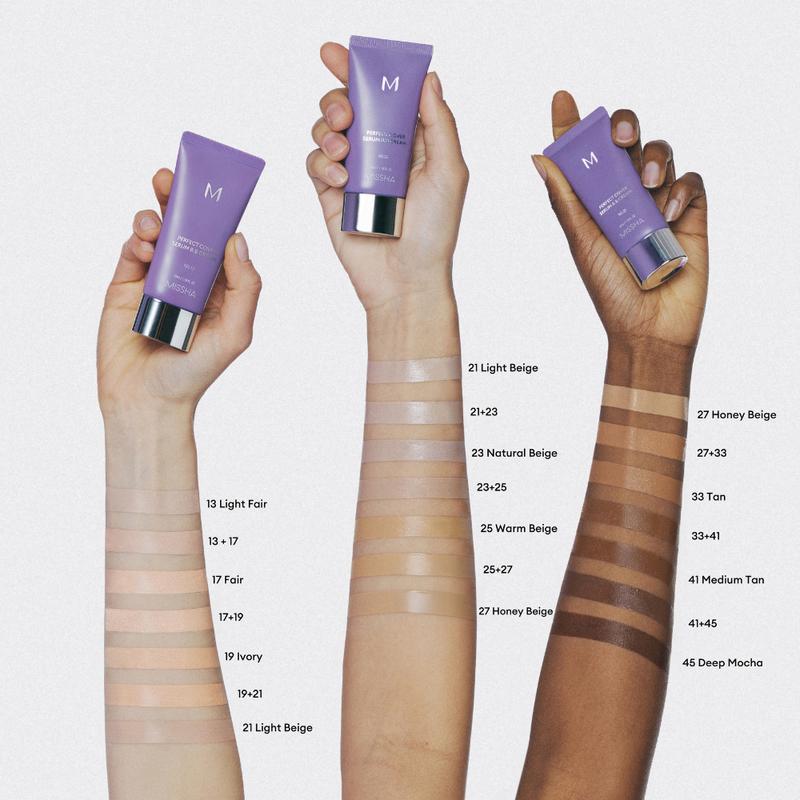 MISSHA Official] M Perfect Cover Serum BB Cream (35ml) - Bifida Ferment Lysate Serum-Infused BB Cream for Anti-Aging Skin Rejuvenation, Skin Tint, Tinted Moisturizer, Skin Care Foundation Makeup, Superfood Complex, Glass Skin CardiBB OGBB PurpleBBBrand: Missha 
 
 Contains Batteries or Cells?: None 
 
 Dangerous Goods or Hazardous Materials: None 
 
 Aerosols: No 
 
 Flammable Liquid: No 
 
 Finish type: Dewy 
 
 Benefits: Hydrating, Long-Lasting, Pore Minimizing, Oil Control, Moisturizing, Anti-aging, Even Out Skin Tone & Texture 
 
 Specific Use: Coverage, Uneven Skin Tone, Redness, Dark Spots 
 
 Region of Origin: Korea 
 
 Ingredients: Water, Cyclopentasiloxane, Caprylic/Capric Triglyceride, Titanium Dioxide, Glycerin, Butylene Glycol, PEG-10 Dimethicone, Iron Oxides | 77492), CETYL PEG/PPG-10/1 DIMETHICONE SYNTHETIC FLUORPHLOGOPITE, DISTEARDIMONIUM HECTORITE, METHYL METHACRYLATE CROSSPOLYMER, MAGNESIUM SULFATE, PENTYLENE GLYCOL, IRON OXIDES(CI) 77491), PALMITIC ACID TRIETHOXYCAPRYLYLSILANE, IRON OXIDES(CI) 77499), GLYCERYL CAPRYLATE, CAPRYLYL GLYCOL, ALUMINUM HYDROXIDE CITRUS AURANTIUM BERGAMIA (BERGAMOT) fruit OIL ETHYLHEXYLGLYCERIN XANTHAN GUM, PELARGONIUM GRAVEOLENS flower OIL CITRUS AURANTIUM SWEET (Orange) PEEL OIL LAVENDER ANGUSTIFOLIA (lavender) OIL MYRISTIC ACID STEARIC ACID ANTHEMIS NOBILIS flower OIL TOCOPHEROL, SANTALUM ALBUM (SANDALWOOD) OIL 1,2-HEXANEDIOL BIFIDA FERMENTATION LYSATE,