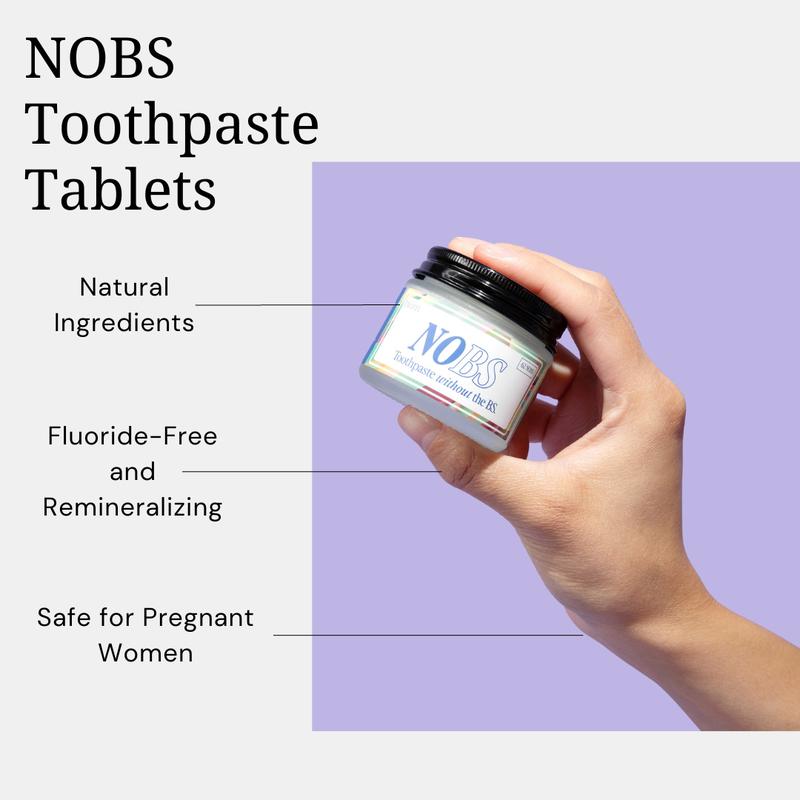 NOBS Toothpaste Tablets - Nano Hydroxyapatite, Fluoride Free, Plastic Free, Eco & Travel Friendly - Remineralize with NHADangerous Goods or Hazardous Materials: None
Aerosols: No
Flammable Liquid: No
Contains Batteries or Cells?: None
Container Type: Jar
Region of Origin: USA
Benefits: Whitening, Freshness, Cavity Protection, Enamel Protection, Remineralization, Plaque Removal, Sensitivity Relief
Shelf Life: 24 Months
Material Type Free: Artificial Color Free
Product Form: Tablet
Feature: Paraben Free
Contains Alcohol or Aerosol: Contains Neither
Pack Type: Single Item
Ingredients: SodiumBicarbonate, ZincCitrate, Menthol, AmmoniumGlycyrrhizinate, SodiumCocoylIsethionate, XanthanGum, SilicaDioxide, CalciumHydroxyapatite(nano-hydroxyapatite)5%), AnionicSurfactantfromCoconutOil, CalciumCarbonate,MicrocrystallineCellulose, MenthaPiperitaL(Peppermint), Xylitol
Manufacturer: biömML Clinic  for Wellness