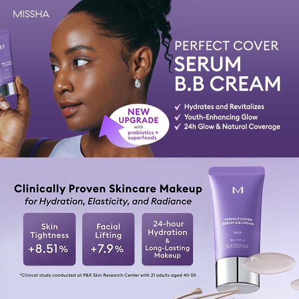 MISSHA Official] M Perfect Cover Serum BB Cream (35ml) - Bifida Ferment Lysate Serum-Infused BB Cream for Anti-Aging Skin Rejuvenation, Skin Tint, Tinted Moisturizer, Skin Care Foundation Makeup, Superfood Complex, Glass Skin CardiBB OGBB PurpleBBBrand: Missha 
 
 Contains Batteries or Cells?: None 
 
 Dangerous Goods or Hazardous Materials: None 
 
 Aerosols: No 
 
 Flammable Liquid: No 
 
 Finish type: Dewy 
 
 Benefits: Hydrating, Long-Lasting, Pore Minimizing, Oil Control, Moisturizing, Anti-aging, Even Out Skin Tone & Texture 
 
 Specific Use: Coverage, Uneven Skin Tone, Redness, Dark Spots 
 
 Region of Origin: Korea 
 
 Ingredients: Water, Cyclopentasiloxane, Caprylic/Capric Triglyceride, Titanium Dioxide, Glycerin, Butylene Glycol, PEG-10 Dimethicone, Iron Oxides | 77492), CETYL PEG/PPG-10/1 DIMETHICONE SYNTHETIC FLUORPHLOGOPITE, DISTEARDIMONIUM HECTORITE, METHYL METHACRYLATE CROSSPOLYMER, MAGNESIUM SULFATE, PENTYLENE GLYCOL, IRON OXIDES(CI) 77491), PALMITIC ACID TRIETHOXYCAPRYLYLSILANE, IRON OXIDES(CI) 77499), GLYCERYL CAPRYLATE, CAPRYLYL GLYCOL, ALUMINUM HYDROXIDE CITRUS AURANTIUM BERGAMIA (BERGAMOT) fruit OIL ETHYLHEXYLGLYCERIN XANTHAN GUM, PELARGONIUM GRAVEOLENS flower OIL CITRUS AURANTIUM SWEET (Orange) PEEL OIL LAVENDER ANGUSTIFOLIA (lavender) OIL MYRISTIC ACID STEARIC ACID ANTHEMIS NOBILIS flower OIL TOCOPHEROL, SANTALUM ALBUM (SANDALWOOD) OIL 1,2-HEXANEDIOL BIFIDA FERMENTATION LYSATE,