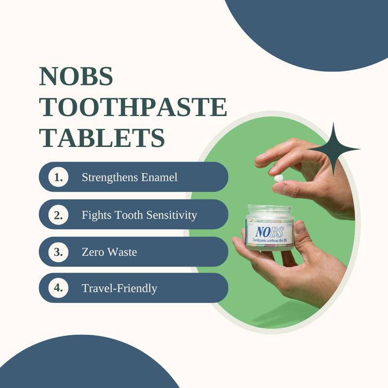 NOBS Toothpaste Tablets - Nano Hydroxyapatite, Fluoride Free, Plastic Free, Eco & Travel Friendly - Remineralize with NHADangerous Goods or Hazardous Materials: None
Aerosols: No
Flammable Liquid: No
Contains Batteries or Cells?: None
Container Type: Jar
Region of Origin: USA
Benefits: Whitening, Freshness, Cavity Protection, Enamel Protection, Remineralization, Plaque Removal, Sensitivity Relief
Shelf Life: 24 Months
Material Type Free: Artificial Color Free
Product Form: Tablet
Feature: Paraben Free
Contains Alcohol or Aerosol: Contains Neither
Pack Type: Single Item
Ingredients: SodiumBicarbonate, ZincCitrate, Menthol, AmmoniumGlycyrrhizinate, SodiumCocoylIsethionate, XanthanGum, SilicaDioxide, CalciumHydroxyapatite(nano-hydroxyapatite)5%), AnionicSurfactantfromCoconutOil, CalciumCarbonate,MicrocrystallineCellulose, MenthaPiperitaL(Peppermint), Xylitol
Manufacturer: biömML Clinic  for Wellness