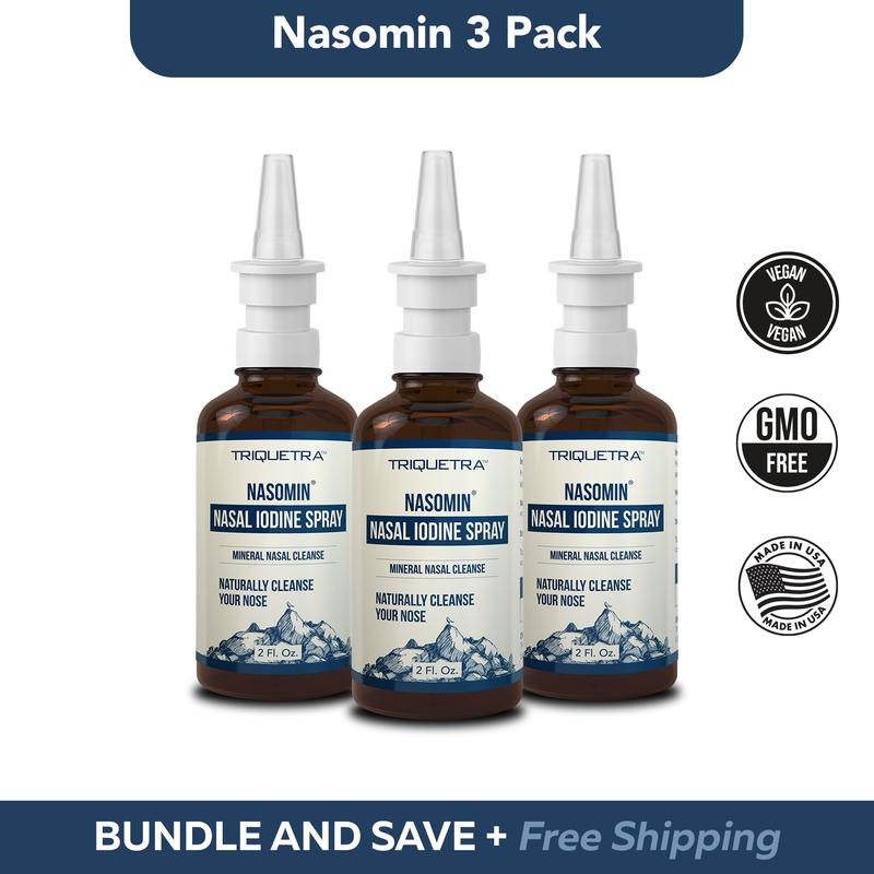 Nasomin Nasal Iodine - Nasal Cleanse - Neutralize Nose - Iodine + Fulvic Acid Blend - 100% Natural Mineral Complex - (2 oz.)Bottle+Nasal Sprayer) Oral DailyBrand: Triquetra Health 
 
 Dangerous Goods or Hazardous Materials: None 
 
 Aerosols: No 
 
 Flammable Liquid: No 
 
 Contains Batteries or Cells?: None 
 
 Region of Origin: USA 
 
 Net Weight: 2 oz 
 
 Age Group: Adults 
 
 Shelf Life: 12 Months 
 
 Quantity Per Pack: 1 
 
 Medical or Non-Medical Use: Non-Medical 
 
 Product Form: Liquid 
 
 Pack Type: Multi-pack 
 
 Ingredients: Iodine, Fulvic Acid 
 
 Manufacturer: Triquetra HealthML Clinic  for Wellness