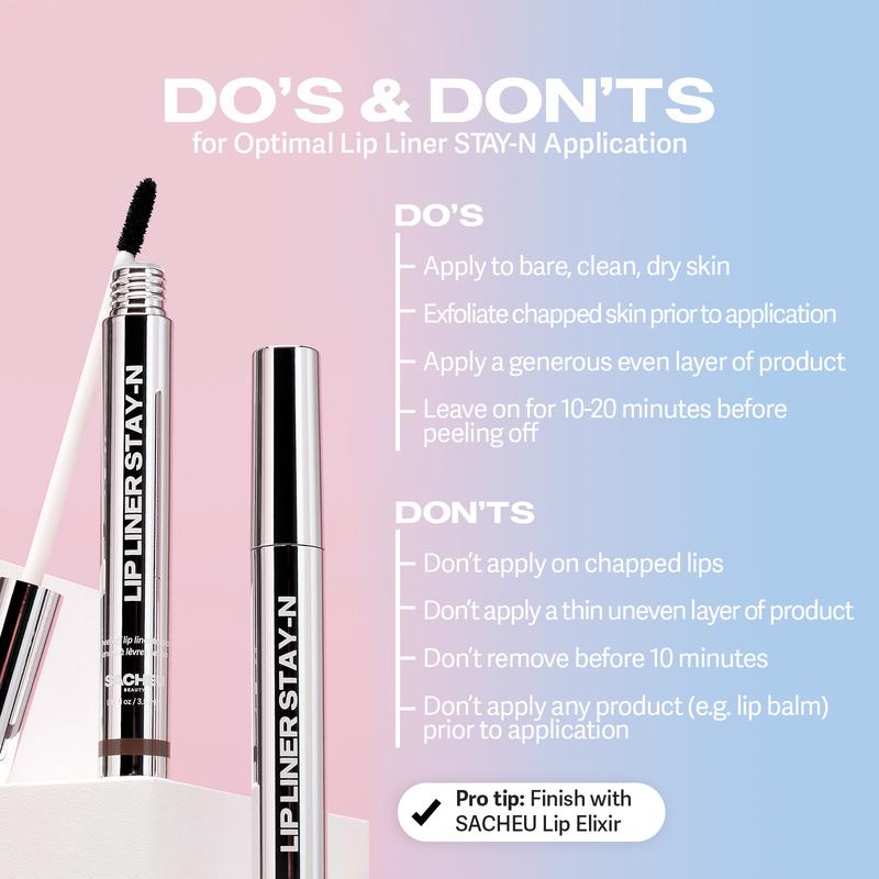 LIP LINER STAY-N - Peel-Off Lip Liner Stain - All Day & Night Lipliner with Hyaluronic Acid & Vitamin E - Long Lasting Formula - 0.12 fl oz / 3.5 mlBrand: SACHEU Beauty
Contains Batteries or Cells?: None
Dangerous Goods or Hazardous Materials: None
Aerosols: No
Flammable Liquid: No
Edition: Regular Edition
Net Weight: 100G
Shelf Life: 36
Region of Origin: China
Manufacturer: SACHEU Beauty
Ingredients: Water (Aqua), Polyvinyl Alcohol, Polyisobutene, Glycerin, Diisostearyl Malate, Tocopherol, Hyaluronic Acid, Phenoxyethanol, CI 16035, CI 45410, CI 19140, CI 42090ML Clinic  for Wellness