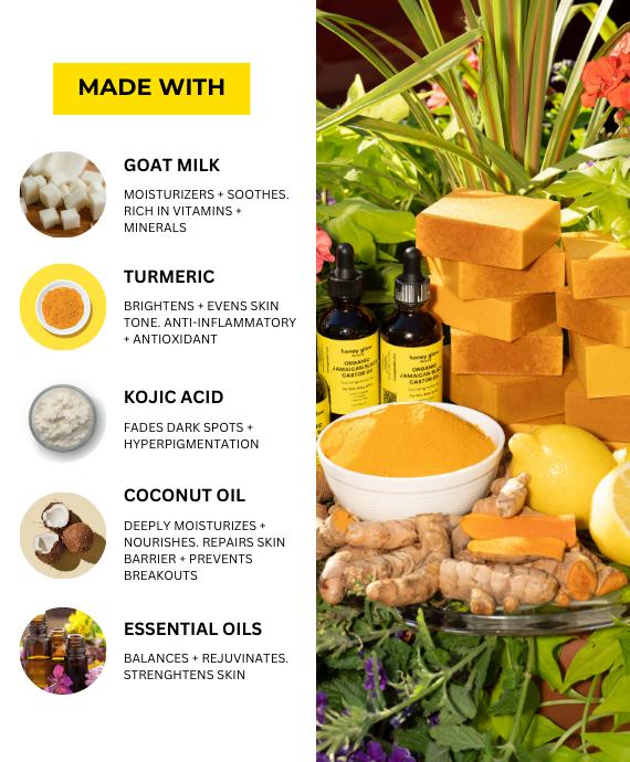 Honey Glow Lemon Turmeric & Kojic Acid Brightening Soap, Dark Spot RemoverContains Batteries or Cells?: None
Dangerous Goods or Hazardous Materials: None
Aerosols: No
Flammable Liquid: No
Benefits: Hydrating, Anti-acne, Brightening, Exfoliating, Detoxifying
Shelf Life: 12 Months
Benefits: Moisturizing, Acne Treatment, Exfoliating
Feature: Exfoliating, Natural, Organic
Contains Alcohol or Aerosol: Contains Neither
Pack Type: Single Item
Product Form: Solid
Region of Origin: USA
Manufacturer: Honey Glow
Quantity Per Pack: 1
Ingredients: Organic Turmeric Powder, Goat Milk Soap
Net Weight: 5 ozML Clinic  for Wellness