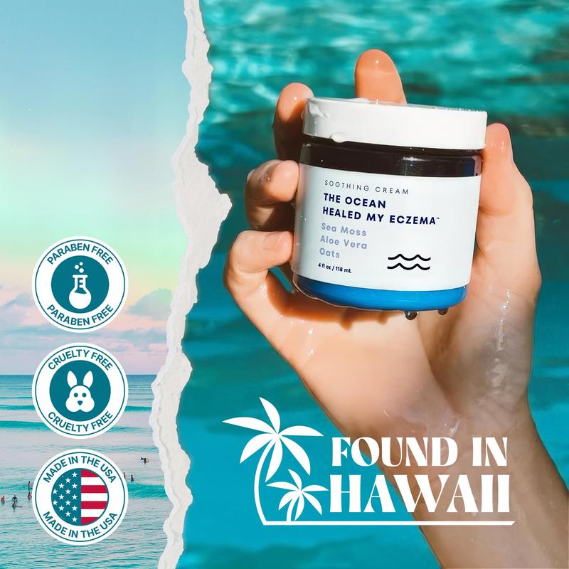 Natural Soothing Cream with Sea Moss & Oats - Eczema & Psoriasis Relief - Ocean Minerals - for Sensitive Skin - Hydrating Eczema Cream for Dry SkinBrand: Healed By The Ocean 
 
 Dangerous Goods or Hazardous Materials: None 
 
 Contains Batteries or Cells?: None 
 
 Flammable Liquid: No 
 
 Aerosols: No 
 
 Benefits: Hydrating 
 
 Shelf Life: 12 Months 
 
 Specific Use: Dryness, Eczema 
 
 Skin Type: All, Dry, Combination 
 
 Material Type Free: Alcohol Free, Aluminum Free, Artificial Color Free 
 
 Ingredient Feature: Fragrance Free, Natural, Cruelty Free 
 
 Gender: Unisex 
 
 Benefits: Anti-Bacterial, Moisturizing, Eczema, Hydrating, Soothing, Psoriasis, Calming 
 
 Age Group: All ages 
 
 Feature: Anti-Bacterial, Natural, Fragrance Free, Vitamin E, Anti-Oxidants, Minerals, Non-Toxic, Cruelty Free 
 
 Edition: Regular Edition 
 
 Franchise: Healed By The Ocean 
 
 Contains Alcohol or Aerosol: Contains Neither 
 
 Pack Type: Single Item 
 
 Region of Origin: USA 
 
 Manufacturer: Healed By The Ocean 
 
 Quantity Per Pack: 1 
 
 Ingredients: Chamomile Recutita (Matricaria) leaf Extract, Chondrus Crisps (Irish) Sea Moss), Schinziophyton Rautanenii Kernel oil (Mongongo) Oil),ocopheryl Acetate (Vitamin E), Oats Sativa (Oats) Kernel Flour, Panthenol, Sodium Hyaluronate, Leptospermum Scoparium Mel (Manuka) Honey), Methylsulfonyl Methane, Cocos Nucifera (Coconut) Oil, Polysorbate 60,Cetearyl Alcohol, Aloe Barbadensis Aloe Vera) leaf juice Organic, Vegetable Glycerin, Caprylic/Capric Triglyceride Fractionated Coconut Oil), Stearic Acid, Phenoxyethanol, Ethylhexylglycerin 
 
 Net Weight: 150gML Clinic  for Wellness