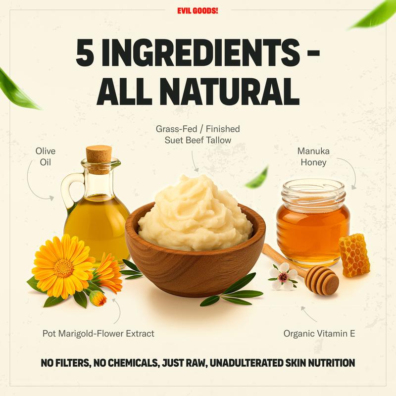 EVIL GOODS!Whipped Beef Tallow & Manuka Honey Organic Nourishing Face Cream Moisturizer Body Lotion Skin Care Lip Balm Hydrating Moisturizing 100% Natural Ingredients - OilContains Batteries or Cells?: None
Dangerous Goods or Hazardous Materials: None
Aerosols: No
Flammable Liquid: No
Region of Origin: USA
Age Group: Adults
Shelf Life: 24 Months
Pack Type: Single Item
Benefits: Revitalizing, Soothing, Anti-aging, Moisturizing, Softening
Skin Type: All Skin Types
Edition: Regular Edition
Contains Alcohol or Aerosol: Contains Neither
Net Weight: 4oz
Ingredients: Beef Tallow, Manuka Honey, Olive Oil
Manufacturer: EVILGOODSML Clinic  for Wellness