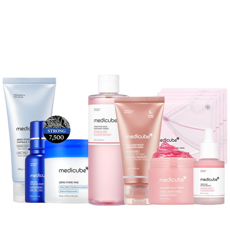 [medicube] Affordable Glass Glow Skincare Set| Includes 8 TOP-SELLING products for Gentle Skin RenewalContains Batteries or Cells?: None 
 
 Dangerous Goods or Hazardous Materials: None 
 
 Aerosols: No 
 
 Flammable Liquid: No 
 
 Region of Origin: Korea 
 
 Benefits: Blemishes & Blackheads, Anti-aging, Brightening, Daily Care 
 
 Age Group: All 
 
 Net Weight: 50G 
 
 Pack Type: Multi-pack 
 
 Gender: Unisex 
 
 Feature: Alcohol Free 
 
 benefit: Oil Control, Moisturizing, Firming/Lifting, Revitalizing, Pore Control,Anti-aging,Even Out skin tone & Texture, Soothing, Exfoliating, Replenishing, Nourishing, Conditioning, Cleansing, Softening, Rejuvenate, Smoothing, Dirt removal, anti wrinkle, Brightening, Skin-Clearing, Hydration, plumping, repair, tightening 
 
 Volume: 100ml 
 
 Quantity Per Pack: 8 
 
 Skin Type: All Skin Types 
 
 Edition: Limited Edition 
 
 Set Type: Face 
 
 Product Form: Cream 
 
 Allergen Information: N/A 
 
 Contains Alcohol or Aerosol: Contains Neither 
 
 Shelf Life: 12 Months 
 
 Franchise: Medicube 
 
 Ingredients: Water, Glycerin, Dipropylene Glycol, Isopropyl Myristate, Glycereth-26, 1,2-Hexanediol, Niacinamide, Butylene glycol, Polyglycerin-3, Acrylates/C10-30 Alkyl Acrylate Crosspolymer, Tromethamine, Sodium Acrylate/Sodium Acryloyldimethyl Taurate Copolymer, Glyceryl Acrylate/Acrylic acid Copolymer, Polyisobutene, PVM/MA Copolymer, Ethylhexylglycerin, Caprylyl Glycol, Fragrance, Adenosine, Melia Azadirachta leaf Extract, Sodium Phytate, Sodium Hyaluronate, Melia Azadirachta flower Extract, Turmeric Longa Turmeric root Extract, Cyanocobalamin, Ubiquinone, Sorbitan Oleate, Caprylyl/Capryl Glucoside, Pink Damascus Extract, Sodium DNA, Ocimum sanctum leaf Extract, Disodium EDTA, Corallina Officinalis Extract, Acetyl Hexapeptide-8, Copper Tripeptide-1, Palmitoyl Tripeptide-1, Palmitoyl Tetrapeptide-7, Palmitoyl Pentapeptide-4 
 
 Manufacturer: Nordincary INCML Clinic  for Wellness