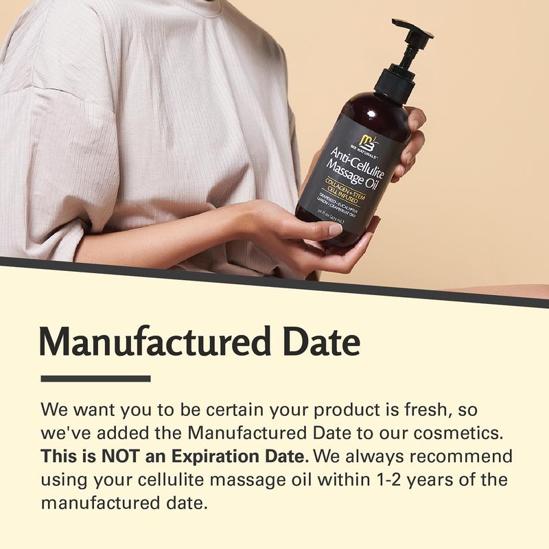 3 Naturals Anti Cellulite Massage Oil 8oz - Smooth the Appearance of Cellulite - Body Care & Skin Care Massage Oil - Topical Collagen and Plant Stem Cell Body Oil to Restore Texture and Elasticity - Soothing Body OilBrand: M3 NATURALS LLC 
 
 Contains Batteries or Cells?: None 
 
 Dangerous Goods or Hazardous Materials: Yes 
 
 Aerosols: No 
 
 Flammable Liquid: No 
 
 Product Form: Oil 
 
 Benefits: Anti-Age, Fine Line Treatment, Firming, Hydrating 
 
 Age Group: Adults 
 
 Shelf Life: 24 Months 
 
 Specific Use: Cellulite, Dark Spots 
 
  Skin Type: Combination, Dry, Mature, Normal Oily, Oily 
 
 Scent: Eucalyptus 
 
 Ingredient Feature: Firming Citrus Oils 
 
 Gender: Female, Male, Unisex 
 
 benefit: Moisturizing 
 
 Feature: Aromatherapy 
 
 Allergen Information: See ingredient list 
 
 Contains Alcohol or Aerosol: Contains Neither 
 
 Pack Type: Single Item 
 
 Region of Origin: USA 
 
 Manufacturer: M3 Naturals 
 
 Quantity Per Pack: 1 
 
 Ingredients: Sunflower Annuus (Sunflower) seed Oil, Rice Sativa (Rice) Brand Oil, Vitis Vinifera (Grapes) seed Oil, Citrus Lemon (Lemon) Peel Oil, Limonene, Eucalyptus Globulus leaf Oil, Citrus Grandis Grapefruit Peel Oil, Citral, Linalool, Hydrolyzed Collagen, Water/Aqua, Malus Domestic fruit cell Culture Extract, Phenoxyethanol, Xanthan Gum, Glycerin, Lecithin 
 
 Volume: 240ml 
 
 Net Weight: 8flozML Clinic  for Wellness