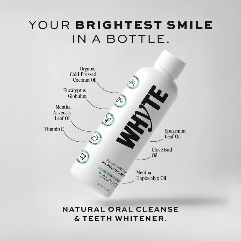 Spearmint Oil Pulling RinseContains Batteries or Cells?: None
Dangerous Goods or Hazardous Materials: Yes
Aerosols: No
Flammable Liquid: No
Container Type: Bottle
benefit: Fresh, Whitening
Quantity Per Pack: 1
Pack Type: Single Item
Product Form: Liquid
Medical or Non-Medical Use: Non-Medical
Contains Alcohol or Aerosol: Contains Neither
Ingredients: Eucalyptus Globulus Leaf Oil, Clove Bud Oil, Mentha Haplocalyx Oil, Vitamin E, Organic Cold-Pressed Coconut Oil
Volume: 237ml
Manufacturer: WHYTEML Clinic  for Wellness