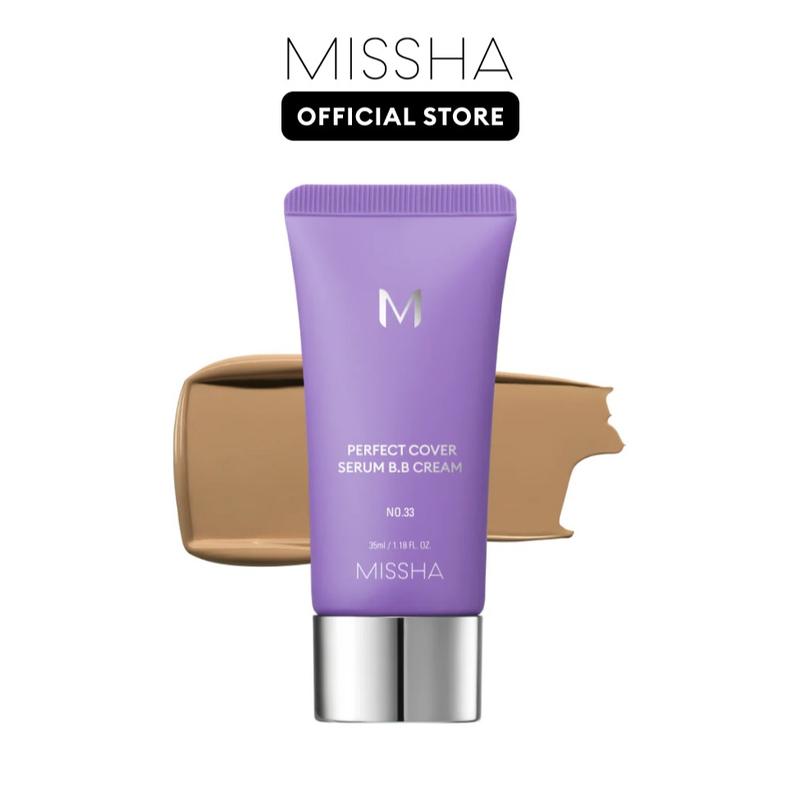 MISSHA Official] M Perfect Cover Serum BB Cream (35ml) - Bifida Ferment Lysate Serum-Infused BB Cream for Anti-Aging Skin Rejuvenation, Skin Tint, Tinted Moisturizer, Skin Care Foundation Makeup, Superfood Complex, Glass Skin CardiBB OGBB PurpleBBBrand: Missha 
 
 Contains Batteries or Cells?: None 
 
 Dangerous Goods or Hazardous Materials: None 
 
 Aerosols: No 
 
 Flammable Liquid: No 
 
 Finish type: Dewy 
 
 Benefits: Hydrating, Long-Lasting, Pore Minimizing, Oil Control, Moisturizing, Anti-aging, Even Out Skin Tone & Texture 
 
 Specific Use: Coverage, Uneven Skin Tone, Redness, Dark Spots 
 
 Region of Origin: Korea 
 
 Ingredients: Water, Cyclopentasiloxane, Caprylic/Capric Triglyceride, Titanium Dioxide, Glycerin, Butylene Glycol, PEG-10 Dimethicone, Iron Oxides | 77492), CETYL PEG/PPG-10/1 DIMETHICONE SYNTHETIC FLUORPHLOGOPITE, DISTEARDIMONIUM HECTORITE, METHYL METHACRYLATE CROSSPOLYMER, MAGNESIUM SULFATE, PENTYLENE GLYCOL, IRON OXIDES(CI) 77491), PALMITIC ACID TRIETHOXYCAPRYLYLSILANE, IRON OXIDES(CI) 77499), GLYCERYL CAPRYLATE, CAPRYLYL GLYCOL, ALUMINUM HYDROXIDE CITRUS AURANTIUM BERGAMIA (BERGAMOT) fruit OIL ETHYLHEXYLGLYCERIN XANTHAN GUM, PELARGONIUM GRAVEOLENS flower OIL CITRUS AURANTIUM SWEET (Orange) PEEL OIL LAVENDER ANGUSTIFOLIA (lavender) OIL MYRISTIC ACID STEARIC ACID ANTHEMIS NOBILIS flower OIL TOCOPHEROL, SANTALUM ALBUM (SANDALWOOD) OIL 1,2-HEXANEDIOL BIFIDA FERMENTATION LYSATE,