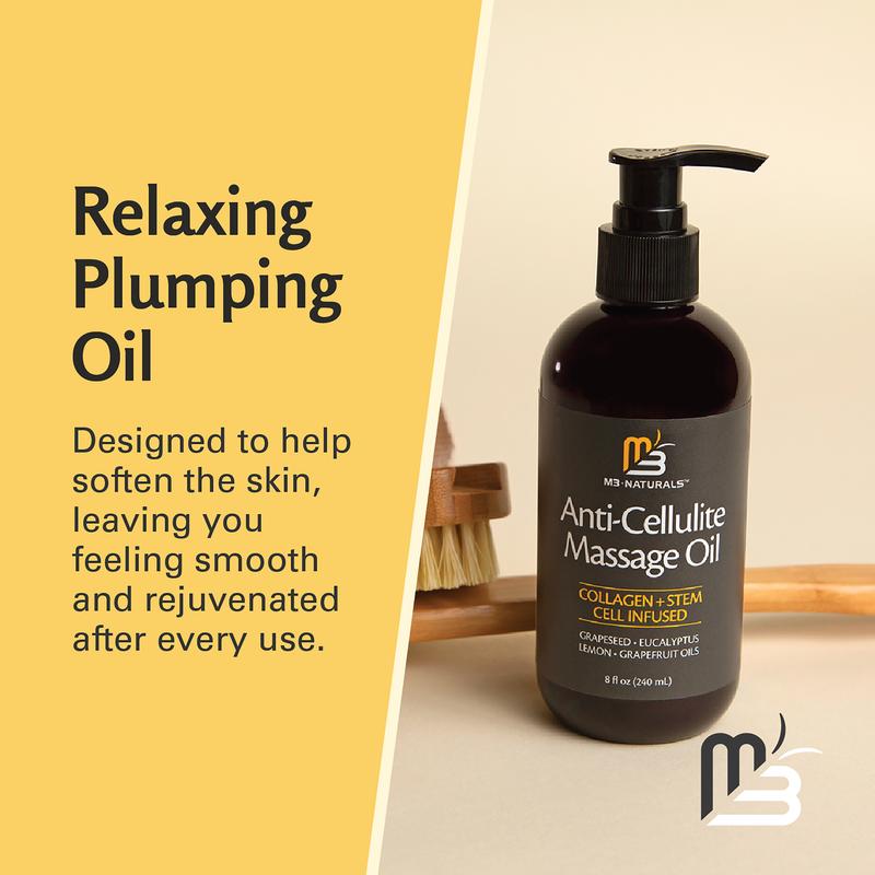 3 Naturals Anti Cellulite Massage Oil 8oz - Smooth the Appearance of Cellulite - Body Care & Skin Care Massage Oil - Topical Collagen and Plant Stem Cell Body Oil to Restore Texture and Elasticity - Soothing Body OilBrand: M3 NATURALS LLC 
 
 Contains Batteries or Cells?: None 
 
 Dangerous Goods or Hazardous Materials: Yes 
 
 Aerosols: No 
 
 Flammable Liquid: No 
 
 Product Form: Oil 
 
 Benefits: Anti-Age, Fine Line Treatment, Firming, Hydrating 
 
 Age Group: Adults 
 
 Shelf Life: 24 Months 
 
 Specific Use: Cellulite, Dark Spots 
 
  Skin Type: Combination, Dry, Mature, Normal Oily, Oily 
 
 Scent: Eucalyptus 
 
 Ingredient Feature: Firming Citrus Oils 
 
 Gender: Female, Male, Unisex 
 
 benefit: Moisturizing 
 
 Feature: Aromatherapy 
 
 Allergen Information: See ingredient list 
 
 Contains Alcohol or Aerosol: Contains Neither 
 
 Pack Type: Single Item 
 
 Region of Origin: USA 
 
 Manufacturer: M3 Naturals 
 
 Quantity Per Pack: 1 
 
 Ingredients: Sunflower Annuus (Sunflower) seed Oil, Rice Sativa (Rice) Brand Oil, Vitis Vinifera (Grapes) seed Oil, Citrus Lemon (Lemon) Peel Oil, Limonene, Eucalyptus Globulus leaf Oil, Citrus Grandis Grapefruit Peel Oil, Citral, Linalool, Hydrolyzed Collagen, Water/Aqua, Malus Domestic fruit cell Culture Extract, Phenoxyethanol, Xanthan Gum, Glycerin, Lecithin 
 
 Volume: 240ml 
 
 Net Weight: 8flozML Clinic  for Wellness