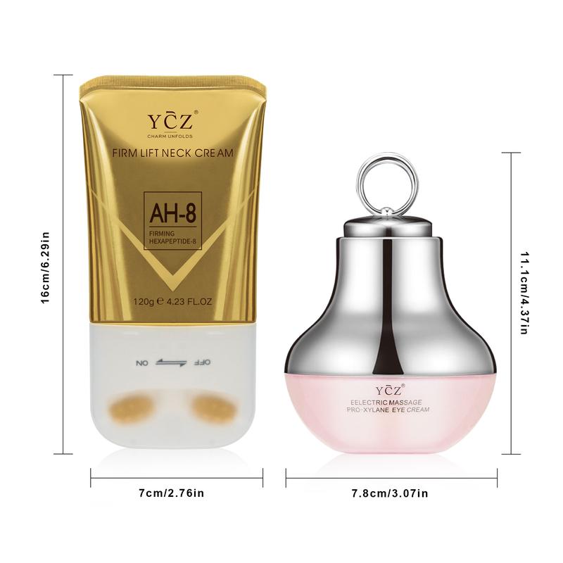 YCZ Neck-Eye Care Tightening & Revitalizing Set - Smooth of Fine Lines, Eye & Neck Treatment, Moisturizer for Enhanced Skin Health - Hydrating Gentle SkincareBrand: YCZ 
 
 Contains Batteries or Cells?: None 
 
 Dangerous Goods or Hazardous Materials: None 
 
 Aerosols: No 
 
 Flammable Liquid: No 
 
 Region of Origin: China 
 
 Benefits: Daily Care, Anti-aging 
 
 Age Group: Adults 
 
 Net Weight: 250g 
 
 Pack Type: Multi-pack 
 
 Gender: Unisex 
 
 Feature: Natural 
 
 Benefits: Firming/Lifting, Moisturizing, Revitalizing, Soothing 
 
 Quantity Per Pack: 2 
 
 Skin Type: All Skin Types 
 
 Edition: Regular Edition 
 
 Set Type: Neck, Eye 
 
 Product Form: Cream 
 
 Contains Alcohol or Aerosol: Contains Neither 
 
 Shelf Life: 24 Months 
 
 Ingredients: Water, Glycerin Propylene Glycol Mineral Oil Dimethicone Cyclopentasilicone  Sodium Acrylate / Sodium AcryloyldimethylTaurate Copolymer, HYDROXYPROPYL TETRAHYDROPYRANTHRIOL, MINERAL OIL,GLYCERIN,CAPRYLIC/CAPRIC TRIGLYCERIDE,VINYL DIMETHICONE/LAURYL DIMETHICONE CROSSPOLYMER CETEARYL ALCOHOL,CYCLOPENTASILOXANE 
 
 Manufacturer: YCZML Clinic  for Wellness