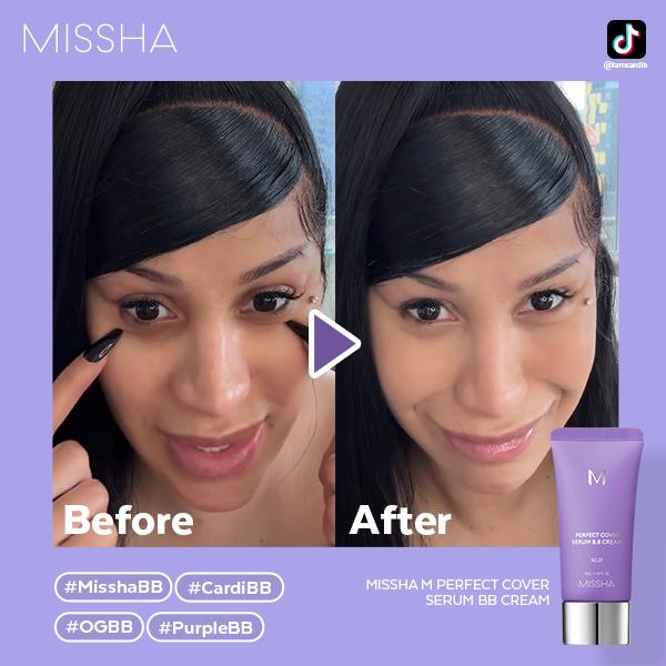 MISSHA Official] M Perfect Cover Serum BB Cream (35ml) - Bifida Ferment Lysate Serum-Infused BB Cream for Anti-Aging Skin Rejuvenation, Skin Tint, Tinted Moisturizer, Skin Care Foundation Makeup, Superfood Complex, Glass Skin CardiBB OGBB PurpleBBBrand: Missha 
 
 Contains Batteries or Cells?: None 
 
 Dangerous Goods or Hazardous Materials: None 
 
 Aerosols: No 
 
 Flammable Liquid: No 
 
 Finish type: Dewy 
 
 Benefits: Hydrating, Long-Lasting, Pore Minimizing, Oil Control, Moisturizing, Anti-aging, Even Out Skin Tone & Texture 
 
 Specific Use: Coverage, Uneven Skin Tone, Redness, Dark Spots 
 
 Region of Origin: Korea 
 
 Ingredients: Water, Cyclopentasiloxane, Caprylic/Capric Triglyceride, Titanium Dioxide, Glycerin, Butylene Glycol, PEG-10 Dimethicone, Iron Oxides | 77492), CETYL PEG/PPG-10/1 DIMETHICONE SYNTHETIC FLUORPHLOGOPITE, DISTEARDIMONIUM HECTORITE, METHYL METHACRYLATE CROSSPOLYMER, MAGNESIUM SULFATE, PENTYLENE GLYCOL, IRON OXIDES(CI) 77491), PALMITIC ACID TRIETHOXYCAPRYLYLSILANE, IRON OXIDES(CI) 77499), GLYCERYL CAPRYLATE, CAPRYLYL GLYCOL, ALUMINUM HYDROXIDE CITRUS AURANTIUM BERGAMIA (BERGAMOT) fruit OIL ETHYLHEXYLGLYCERIN XANTHAN GUM, PELARGONIUM GRAVEOLENS flower OIL CITRUS AURANTIUM SWEET (Orange) PEEL OIL LAVENDER ANGUSTIFOLIA (lavender) OIL MYRISTIC ACID STEARIC ACID ANTHEMIS NOBILIS flower OIL TOCOPHEROL, SANTALUM ALBUM (SANDALWOOD) OIL 1,2-HEXANEDIOL BIFIDA FERMENTATION LYSATE,