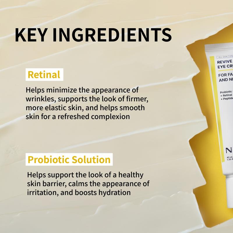 NIDA Revive Eye Cream For Face And Neck (40mL) / Probiotic Solution, Retinal, Peptide / Wrinkles, Fine Lines, Aging SkinContains Batteries or Cells?: None 
 
 Dangerous Goods or Hazardous Materials: None 
 
 Aerosols: No 
 
 Flammable Liquid: No 
 
 Ingredients: Water, Glycerin, Dipropylene Glycol, Caprylic/Capric Triglyceride, Propylene Glycol Dicaprylate/Dicaprate, Alcohol, 1,2-Hexanediol, Niacinamide, Pentaerythrityl Tetraethylhexanoate, Cetearyl Alcohol, Sorbitan Olive, Cetearyl Olivate, Arginine, Acrylates/C10-30 Alkyl Acrylate Crosspolymer, Glyceryl Stearate, Panthenol, Disodium EDTA, Adenosine, Butylene Glycol, Hydroxydecyl Ubiquinone, Allantoin, Magnolia Officinalis Bark Extract, Lactobacillus Ferment Lysate, Fragrance, Olea Europe (Olive) fruit Oil, Simmondsia Chinensis (Jojoba) seed Oil, Macadamia ternifolia seed Oil, Human Voice cell Conditioned Media, Tocopherol, Polysorbate 20, Retinol, Octyldodecanol, Hydrolyzed Collagen, Collagen Extract, Sodium  Hyaluronate, Hydrogenated Lecithin, BHT, BHA, Hydroxypropyltrimonium Hyaluronate, Ceramide NP,Ethylhexylglycerin,Caprylyl Glycol, Acetyl Hexapeptide-8, Collagen Amino Acids, Collagen, Zinc Hydrolyzed Collagen, Hydrolyzed Hyaluronic Acid, Copper Tripeptide-1,Sodium Acetylated Hyaluronate, Sodium I am Hydrolyzed Collagen, Soluble Collagen,Oligopeptide-32,Oligopeptide-29,Hyaluronic Acid, Palmitoyl Pentapeptide-4, Hydrolyzed Sodium Hyaluronate, Sodium Hyaluronate Crosspolymer, Potassium  Hyaluronate, Hexyl Cinnamal 
 
 Manufacturer: Proso IncML Clinic  for Wellness