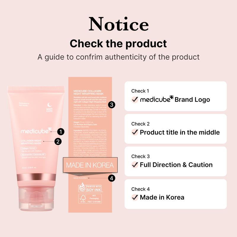 Medicube Collagen Night Wrapping Mask: Sleep, Shed, and Glow!Skincare Skin Repair Comfort PinkBrand: Medicube
Region of Origin: Korea
Benefits: Anti-Age
Age Group: Adults
Mask Type: Peel-off
Scent: Unscented
Gender: Unisex
Specific Use: Anti-Aging
Item Name: Collagen Night Wrapping Mask
Product Form: N/A
Quantity Per Pack: 1
Material Type Free: N/A
Included Components: Not Available
Feature: Not applicable
Benefit: Anti-aging
Skin Type: All Skin Types
Allergen Information: N/A
Pack Type: Single Item
Net Weight: 30ml
Contains Alcohol or Aerosol: Contains Neither
Shelf Life: 12 Months
Franchise: Medicube
Ingredients: 1, Water, Glycerin, XanthanGum, ButyleneGlycol, Glucose, Ethylhexylglycerin, Fructose, CollagenExtract, CeramideNP, Tocopherol, PolyvinylAlcohol, CaprylylGlycol, Caprylic/CapricTriglyceride, HydrogenatedLecithin, ChlorellaVulgarisExtract, 2-Hexanediol, SodiumStearoylGlutamate, AlthaearoseaflowerExtract, Fructooligosaccharides, Polyglyceryl-10Laurate, CynanchumAtratumExtract, PancreatiumMaritimeExtract, AgaveAmericanaVoiceExtract, SodiumHyaluronate
Manufacturer: COSMAX INC
Volume: 30mlML Clinic  for Wellness