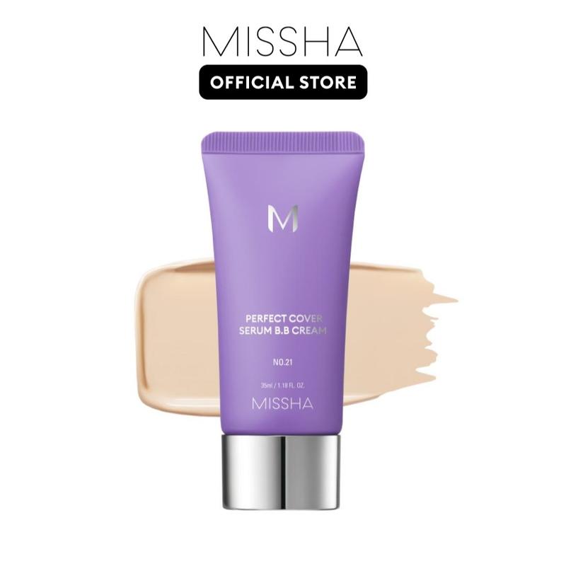 MISSHA Official] M Perfect Cover Serum BB Cream (35ml) - Bifida Ferment Lysate Serum-Infused BB Cream for Anti-Aging Skin Rejuvenation, Skin Tint, Tinted Moisturizer, Skin Care Foundation Makeup, Superfood Complex, Glass Skin CardiBB OGBB PurpleBBBrand: Missha 
 
 Contains Batteries or Cells?: None 
 
 Dangerous Goods or Hazardous Materials: None 
 
 Aerosols: No 
 
 Flammable Liquid: No 
 
 Finish type: Dewy 
 
 Benefits: Hydrating, Long-Lasting, Pore Minimizing, Oil Control, Moisturizing, Anti-aging, Even Out Skin Tone & Texture 
 
 Specific Use: Coverage, Uneven Skin Tone, Redness, Dark Spots 
 
 Region of Origin: Korea 
 
 Ingredients: Water, Cyclopentasiloxane, Caprylic/Capric Triglyceride, Titanium Dioxide, Glycerin, Butylene Glycol, PEG-10 Dimethicone, Iron Oxides | 77492), CETYL PEG/PPG-10/1 DIMETHICONE SYNTHETIC FLUORPHLOGOPITE, DISTEARDIMONIUM HECTORITE, METHYL METHACRYLATE CROSSPOLYMER, MAGNESIUM SULFATE, PENTYLENE GLYCOL, IRON OXIDES(CI) 77491), PALMITIC ACID TRIETHOXYCAPRYLYLSILANE, IRON OXIDES(CI) 77499), GLYCERYL CAPRYLATE, CAPRYLYL GLYCOL, ALUMINUM HYDROXIDE CITRUS AURANTIUM BERGAMIA (BERGAMOT) fruit OIL ETHYLHEXYLGLYCERIN XANTHAN GUM, PELARGONIUM GRAVEOLENS flower OIL CITRUS AURANTIUM SWEET (Orange) PEEL OIL LAVENDER ANGUSTIFOLIA (lavender) OIL MYRISTIC ACID STEARIC ACID ANTHEMIS NOBILIS flower OIL TOCOPHEROL, SANTALUM ALBUM (SANDALWOOD) OIL 1,2-HEXANEDIOL BIFIDA FERMENTATION LYSATE,