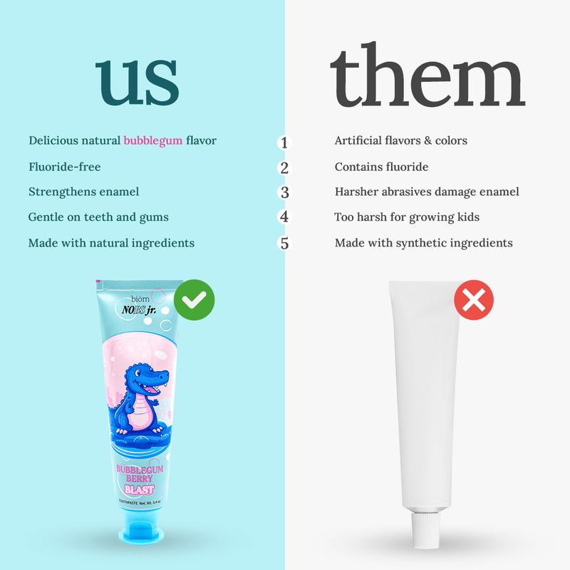 NOBS Jr Kid's Toothpaste - Fluoride Free, Remineralizing - Dentist Formulated - Natural Bubblegum Berry Flavor, Nano Hydroxyapatite - Made in The USADangerous Goods or Hazardous Materials: None 
 
 Aerosols: No 
 
 Flammable Liquid: No 
 
 Contains Batteries or Cells?: None 
 
 Container Type: Tube 
 
 Region of Origin: USA 
 
 Benefits: Tooth Decay, cavity protection, enamel protection, remineralization, gum protection, sensitivity relief, tartar control 
 
 Shelf Life: 24 Months 
 
 Product Form: Paste 
 
 Features: Paraben Free, Alcohol Free 
 
 Age Group: Children 
 
 Medical or Non-Medical Use: Non-Medical 
 
 Contains Alcohol or Aerosol: Contains Neither 
 
 Pack Type: Single Item 
 
 Ingredients: nanohydroxyapatite 
 
 Manufacturer: biömML Clinic  for Wellness