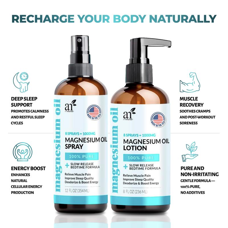Artnaturals Magnesium Oil Spray 12 oz & Body Massage Lotion Set 8oz for Feet & Sleep - Extra Strength Cream Ultra-Pure Relief & Relaxation Muscle Health Leg & Joint Care Topical Non Itch Pack Aloe Calming Cosmetic Body OilML Clinic  for Wellness