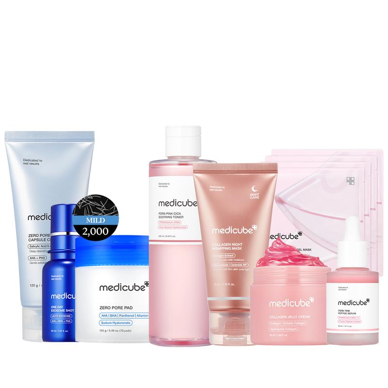 [medicube] Affordable Glass Glow Skincare Set| Includes 8 TOP-SELLING products for Gentle Skin RenewalContains Batteries or Cells?: None 
 
 Dangerous Goods or Hazardous Materials: None 
 
 Aerosols: No 
 
 Flammable Liquid: No 
 
 Region of Origin: Korea 
 
 Benefits: Blemishes & Blackheads, Anti-aging, Brightening, Daily Care 
 
 Age Group: All 
 
 Net Weight: 50G 
 
 Pack Type: Multi-pack 
 
 Gender: Unisex 
 
 Feature: Alcohol Free 
 
 benefit: Oil Control, Moisturizing, Firming/Lifting, Revitalizing, Pore Control,Anti-aging,Even Out skin tone & Texture, Soothing, Exfoliating, Replenishing, Nourishing, Conditioning, Cleansing, Softening, Rejuvenate, Smoothing, Dirt removal, anti wrinkle, Brightening, Skin-Clearing, Hydration, plumping, repair, tightening 
 
 Volume: 100ml 
 
 Quantity Per Pack: 8 
 
 Skin Type: All Skin Types 
 
 Edition: Limited Edition 
 
 Set Type: Face 
 
 Product Form: Cream 
 
 Allergen Information: N/A 
 
 Contains Alcohol or Aerosol: Contains Neither 
 
 Shelf Life: 12 Months 
 
 Franchise: Medicube 
 
 Ingredients: Water, Glycerin, Dipropylene Glycol, Isopropyl Myristate, Glycereth-26, 1,2-Hexanediol, Niacinamide, Butylene glycol, Polyglycerin-3, Acrylates/C10-30 Alkyl Acrylate Crosspolymer, Tromethamine, Sodium Acrylate/Sodium Acryloyldimethyl Taurate Copolymer, Glyceryl Acrylate/Acrylic acid Copolymer, Polyisobutene, PVM/MA Copolymer, Ethylhexylglycerin, Caprylyl Glycol, Fragrance, Adenosine, Melia Azadirachta leaf Extract, Sodium Phytate, Sodium Hyaluronate, Melia Azadirachta flower Extract, Turmeric Longa Turmeric root Extract, Cyanocobalamin, Ubiquinone, Sorbitan Oleate, Caprylyl/Capryl Glucoside, Pink Damascus Extract, Sodium DNA, Ocimum sanctum leaf Extract, Disodium EDTA, Corallina Officinalis Extract, Acetyl Hexapeptide-8, Copper Tripeptide-1, Palmitoyl Tripeptide-1, Palmitoyl Tetrapeptide-7, Palmitoyl Pentapeptide-4 
 
 Manufacturer: Nordincary INCML Clinic  for Wellness