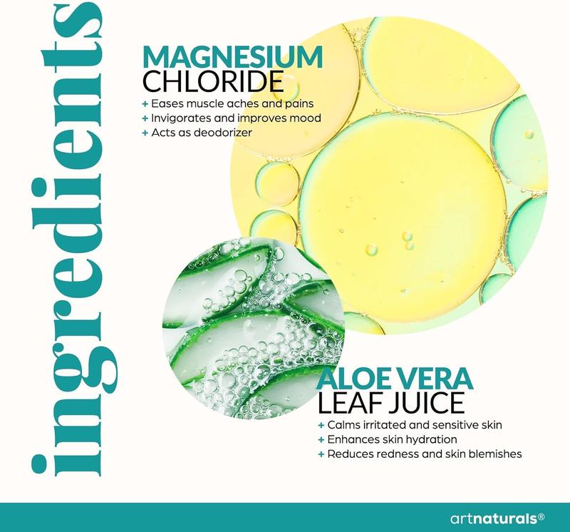 Artnaturals Magnesium Oil Spray 12 oz & Body Massage Lotion Set 8oz for Feet & Sleep - Extra Strength Cream Ultra-Pure Relief & Relaxation Muscle Health Leg & Joint Care Topical Non Itch Pack Aloe Calming Cosmetic Body OilBrand: artnaturals 
 
 Contains Batteries or Cells?: None 
 
 Dangerous Goods or Hazardous Materials: Yes 
 
 Aerosols: No 
 
 Flammable Liquid: No 
 
 Item Name: artnaturals Magnesium Oil Duo 
 
 Specific Use: Deodorize, Supports Sleep, Muscle Relief 
 
  Skin Type: Combination, Dry, Mature, Normal Oily, Oily 
 
 Scent: Unscented 
 
 Material Type Free: dye free, Aluminum Free 
 
 Ingredient Feature: Aluminum Free, Artificial Color Free, Dye Free 
 
 Gender: Unisex 
 
 Benefits: Deodorizer, Muscle Relaxing, Moisturizing 
 
 Feature: Cruelty-free, Natural, Non-toxic, Organic 
 
 Contains Alcohol or Aerosol: Contains Neither 
 
 Pack Type: Multi-pack 
 
 Region of Origin: USA 
 
 Manufacturer: artnaturals 
 
 Quantity Per Pack: 2 
 
 Ingredients: Aloe Vera, Magnesium 
 
 Volume: 236ml 
 
 Net Weight: 680gML Clinic  for Wellness