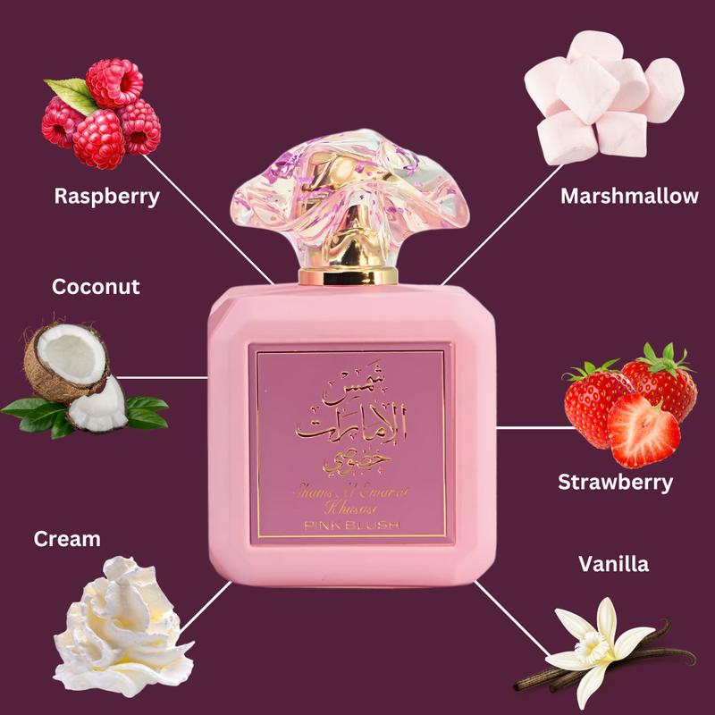 Pink Blush Shams Al Emarat Khususi Eau De Parfum Spray 100ML (3.4 OZ) by Ard Al Zaafaran| A Sweet, Elegant Fragrance for Every OccasionBrand: Ard Al Zaafaran Trading L.L.C 
 
 Region Of Origin: United Arab Emirates 
 
 Pack Type: Single Item 
 
 Scent: Sweet 
 
 Fragrance Concentration: Eau De Parfum 
 
 Feature: Long Lasting 
 
 Item Name: Pink Blush 
 
 Volume: 3 to 3.9 fl oz 
 
 Material Type Free: Long Lasting 
 
 Ingredient Feature: Long Lasting 
 
 Quantity Per Pack: 1 
 
 Age Group: Adults 
 
 Allergen Information: N/A 
 
 (Inactive) Ingredients: N/A 
 
 Shelf Life: 1825 Days 
 
 Manufacturer: Ard Al Zaafaran 
 
 Contains Alcohol or Aerosol: Contains Alcohol 
 
 Edition: Regular Edition 
 
 Product Form: Liquid 
 
 Dangerous Goods or Hazardous Materials: Yes 
 
 Aerosols: No 
 
 Flammable Liquid: No 
 
 Contains Batteries or Cells?: NoneML Clinic  for Wellness