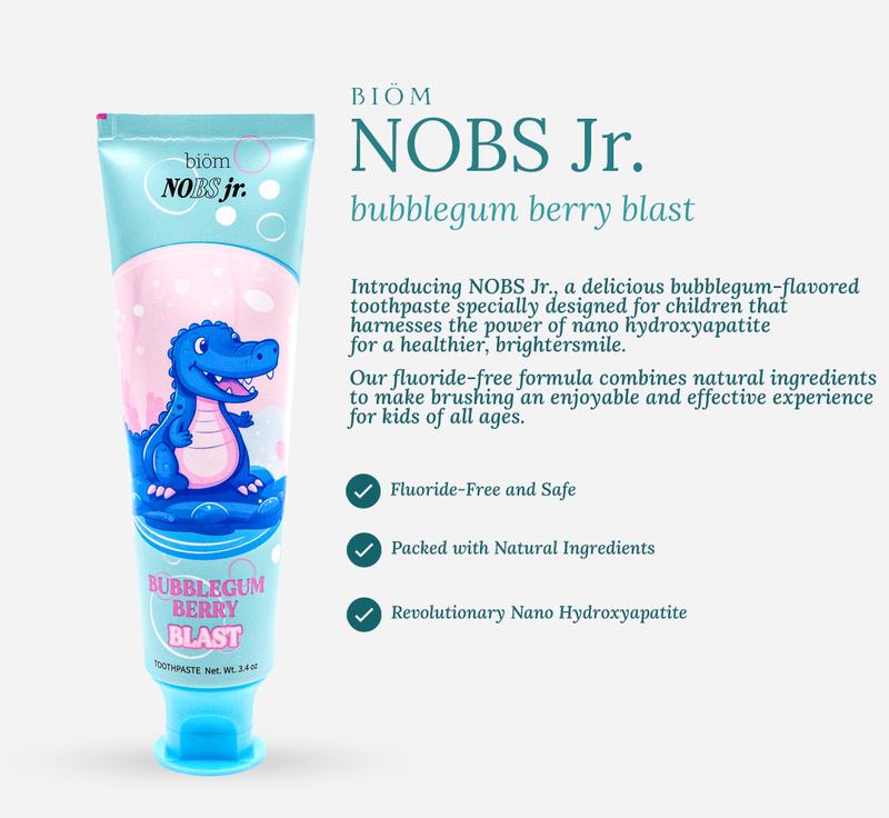 NOBS Jr Kid's Toothpaste - Fluoride Free, Remineralizing - Dentist Formulated - Natural Bubblegum Berry Flavor, Nano Hydroxyapatite - Made in The USADangerous Goods or Hazardous Materials: None 
 
 Aerosols: No 
 
 Flammable Liquid: No 
 
 Contains Batteries or Cells?: None 
 
 Container Type: Tube 
 
 Region of Origin: USA 
 
 Benefits: Tooth Decay, cavity protection, enamel protection, remineralization, gum protection, sensitivity relief, tartar control 
 
 Shelf Life: 24 Months 
 
 Product Form: Paste 
 
 Features: Paraben Free, Alcohol Free 
 
 Age Group: Children 
 
 Medical or Non-Medical Use: Non-Medical 
 
 Contains Alcohol or Aerosol: Contains Neither 
 
 Pack Type: Single Item 
 
 Ingredients: nanohydroxyapatite 
 
 Manufacturer: biömML Clinic  for Wellness