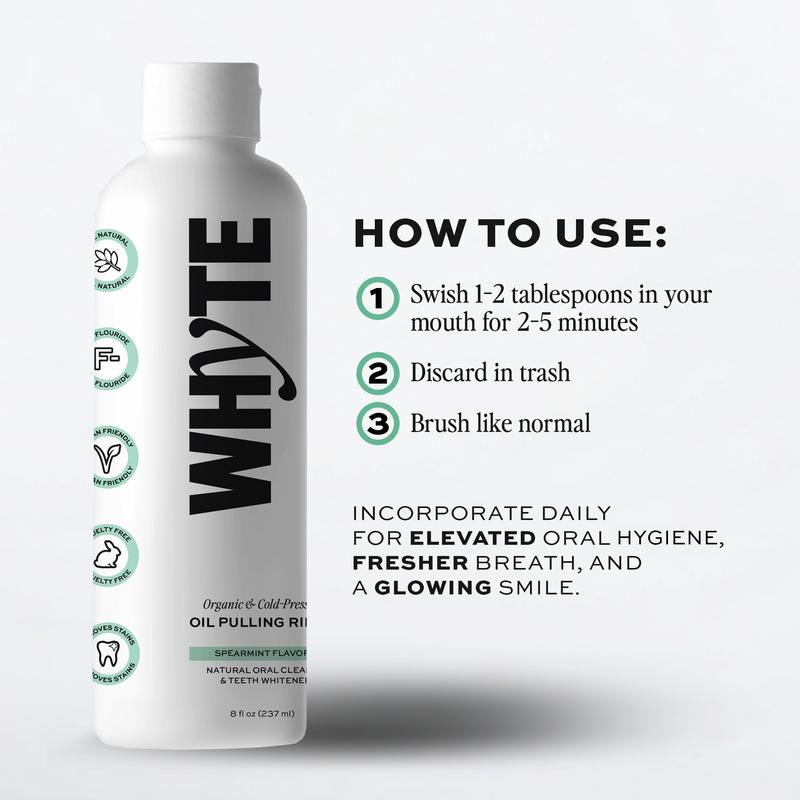 Spearmint Oil Pulling RinseContains Batteries or Cells?: None
Dangerous Goods or Hazardous Materials: Yes
Aerosols: No
Flammable Liquid: No
Container Type: Bottle
benefit: Fresh, Whitening
Quantity Per Pack: 1
Pack Type: Single Item
Product Form: Liquid
Medical or Non-Medical Use: Non-Medical
Contains Alcohol or Aerosol: Contains Neither
Ingredients: Eucalyptus Globulus Leaf Oil, Clove Bud Oil, Mentha Haplocalyx Oil, Vitamin E, Organic Cold-Pressed Coconut Oil
Volume: 237ml
Manufacturer: WHYTEML Clinic  for Wellness