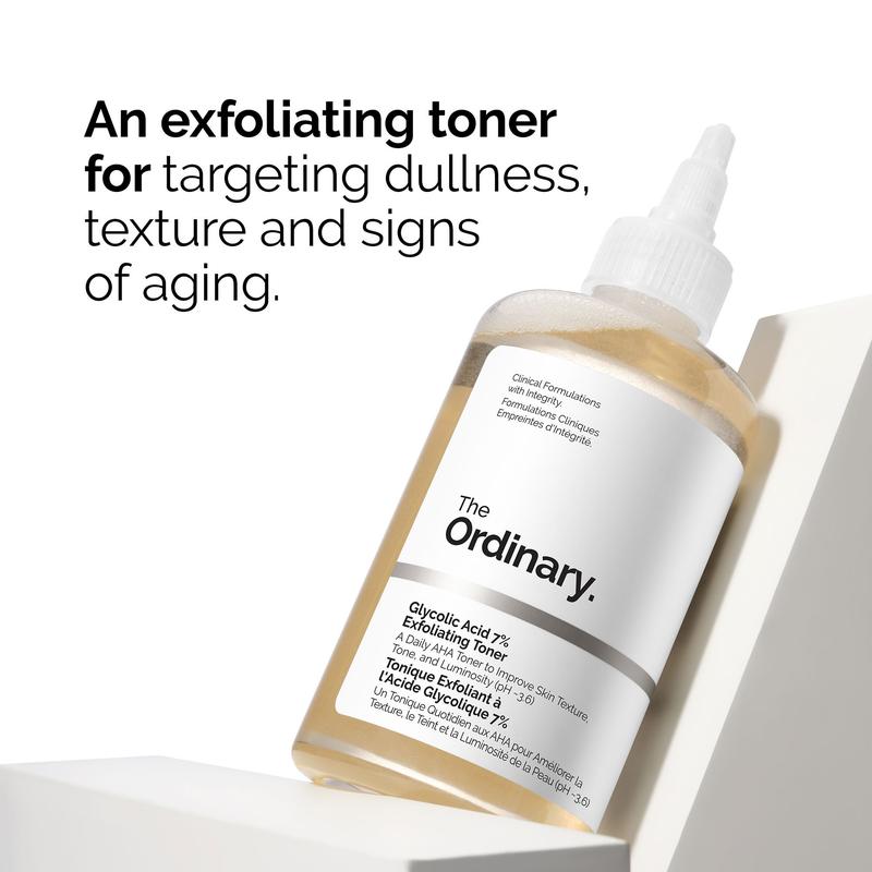 Glycolic Acid 7% Exfoliating TonerBrand: The Ordinary
Contains Batteries or Cells?: None
Dangerous Goods or Hazardous Materials: None
Aerosols: No
Flammable Liquid: No
Region of Origin: Canada
Net Weight: 0.3295 kg
Ingredients: Aqua(Water), GlycolicAcid, PinkDamascusflowerWater, CentaureaCyanusflowerWater, AloeBarbadensisleafWater, Propanediol, Glycerin, Triethanolamine, AminomethylPropanol,PanaxGinsengrootExtract, TasmanniaLanceolatafruit/leafExtract, AsparticAcid, Alanine, Glycine, Serine, Valine, Isoleucine, Proline, Threonine, Histidine, Phenylalanine, GlutamicAcid, Arginine, Pca, SodiumPCA, Sodium Lactate, Fructose, Glucose, Sucrose, Urea, HexylNicotinate, Dextrin, CitricAcid, Polysorbate
Manufacturer: DECIEMML Clinic  for Wellness