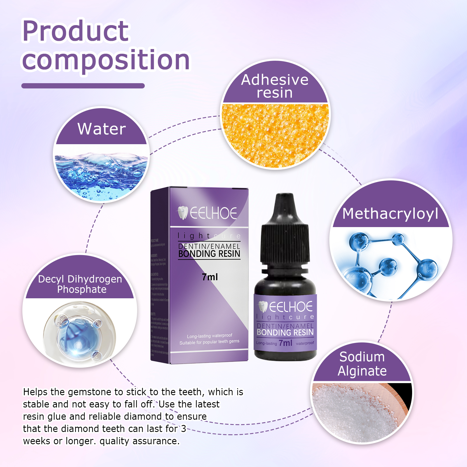 EELHOE Teeth Gem Decoration Glue DIY Fashion Jewelry Adhesive Teeth Gem Light Curing GlueTeeth Gem Light Curing GlueNet content: 7ml  
 Product name: Dental Gemstone Decorative Glue  
 Keywords: Gemstone Tooth Adhesive, Teeth Fixing Rhinestones  
 Gross weight: 15g  
 Ingredients: Water, Bonding Resin, Methacrylate  
 Packaging size: 6.1*2.3*2.3cm  
 Product size: 5.9*2.1cm  
 Box size: 56*36*21.5cm  
 Packing quantity: 600 pieces  
 Weight per box: 9.75kgTeeth Gem Light Curing GlueML Clinic  for Wellness