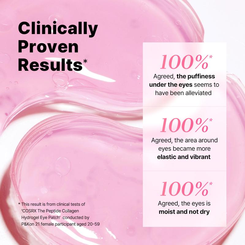 [COSRX Official] The Peptide Collagen Hydrogel Eye Patch (60 patches)| DEPUFFS UNDER-EYE BAGS IN JUST 10 MINUTESHydrogel Eye PatchBrand: COSRX  
 Contains Batteries Or Cells?: None  
 Dangerous Goods or Hazardous Materials: No  
 Aerosols: No  
 Flammable Liquid: No  
 Allergen Information: N/A  
 Container Type: Jar  
 Region of Origin: Korea  
 Age Group: Adults  
 Pack Type: Single Item  
 Skin Type: All Skin Types  
 Scent: Unscented  
 Benefits: Anti-Age  
 Finish Type: N/A  
 Material Type Free: N/A  
 Item Name: The Peptide Collagen Hydrogel Eye Patch  
 Application Area: Eyes  
 Specific Use: Puffiness, Wrinkles  
 Ingredient Feature: Collagen  
 Gender: Unisex  
 Feature: Vitamin B12  
 Benefit: Anti-Aging  
 Net Weight: 85g  
 Quantity Per Pack: 1  
 Edition: Regular Edition  
 Product Form: Gel  
 Shelf Life: 12 Months  
 Franchise: N/A  
 Contains Alcohol Or Aerosol: Contains Neither  
 Ingredients: Water, Dipropylene Glycol, Glycerin, Niacinamide, Ceratonia Siliqua (Carob) Gum, Chondrus Crisps Powder, Chondrus Crisps, Cellulose Gum, Hydroxyacetophenone, Algin, Caprylyl Glycol,Potassium Chloride, Betaine, Panthenol, Sucrose, Ethylhexylglycerin, Sodium Polyacrylate, Polyglyceryl-10 Laurate, Adenosine, Polyglyceryl-10 Myristate, Maltodextrin, Caffeine, Collagen, Butylene Glycol, Cyanocobalamin, 1,2-Hexanediol, Sodium Hyaluronate, Dipotassium Glycyrrhizate, Pantolactone, Pentylene Glycol, Acetyl Hexapeptide-8, Dunaliella Salina Extract, sh Polypeptide-121, Palmitoyl Tripeptide-5, Hydrolyzed Hyaluronic Acid, Hyaluronic Acid, Potassium  Hyaluronic Acid, Hydrolyzed Sodium Hyaluronate, Acetyl Tetrapeptide-5, Citric Acid, Disodium EDTA  
 Manufacturer: COSRXHydrogel Eye PatchML Clinic  for Wellness