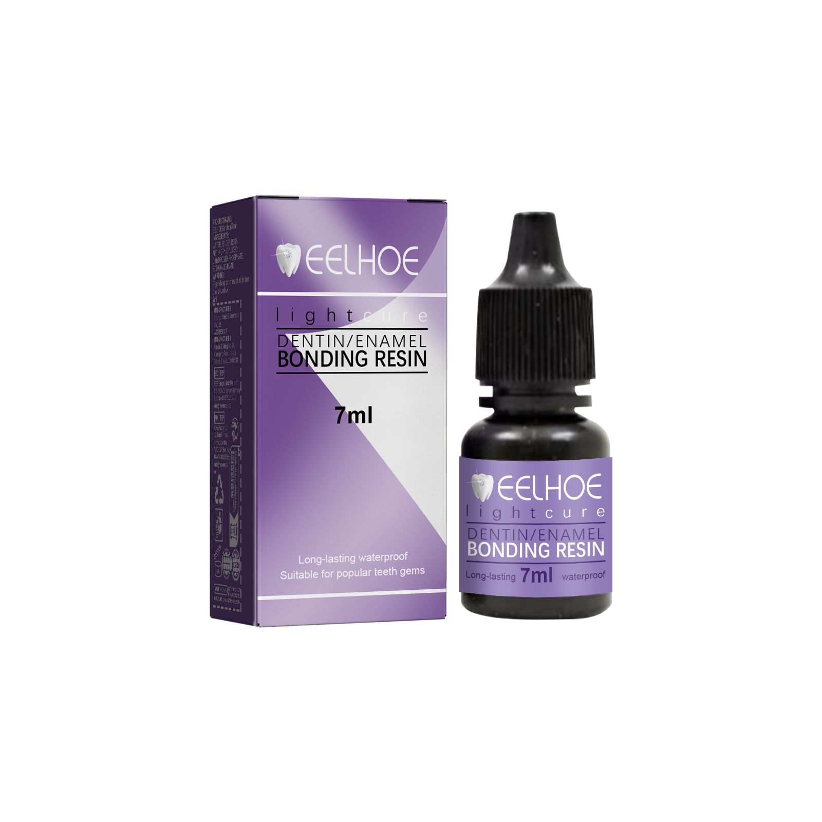 EELHOE Teeth Gem Decoration Glue DIY Fashion Jewelry Adhesive Teeth Gem Light Curing GlueTeeth Gem Light Curing GlueNet content: 7ml  
 Product name: Dental Gemstone Decorative Glue  
 Keywords: Gemstone Tooth Adhesive, Teeth Fixing Rhinestones  
 Gross weight: 15g  
 Ingredients: Water, Bonding Resin, Methacrylate  
 Packaging size: 6.1*2.3*2.3cm  
 Product size: 5.9*2.1cm  
 Box size: 56*36*21.5cm  
 Packing quantity: 600 pieces  
 Weight per box: 9.75kgTeeth Gem Light Curing GlueML Clinic  for Wellness