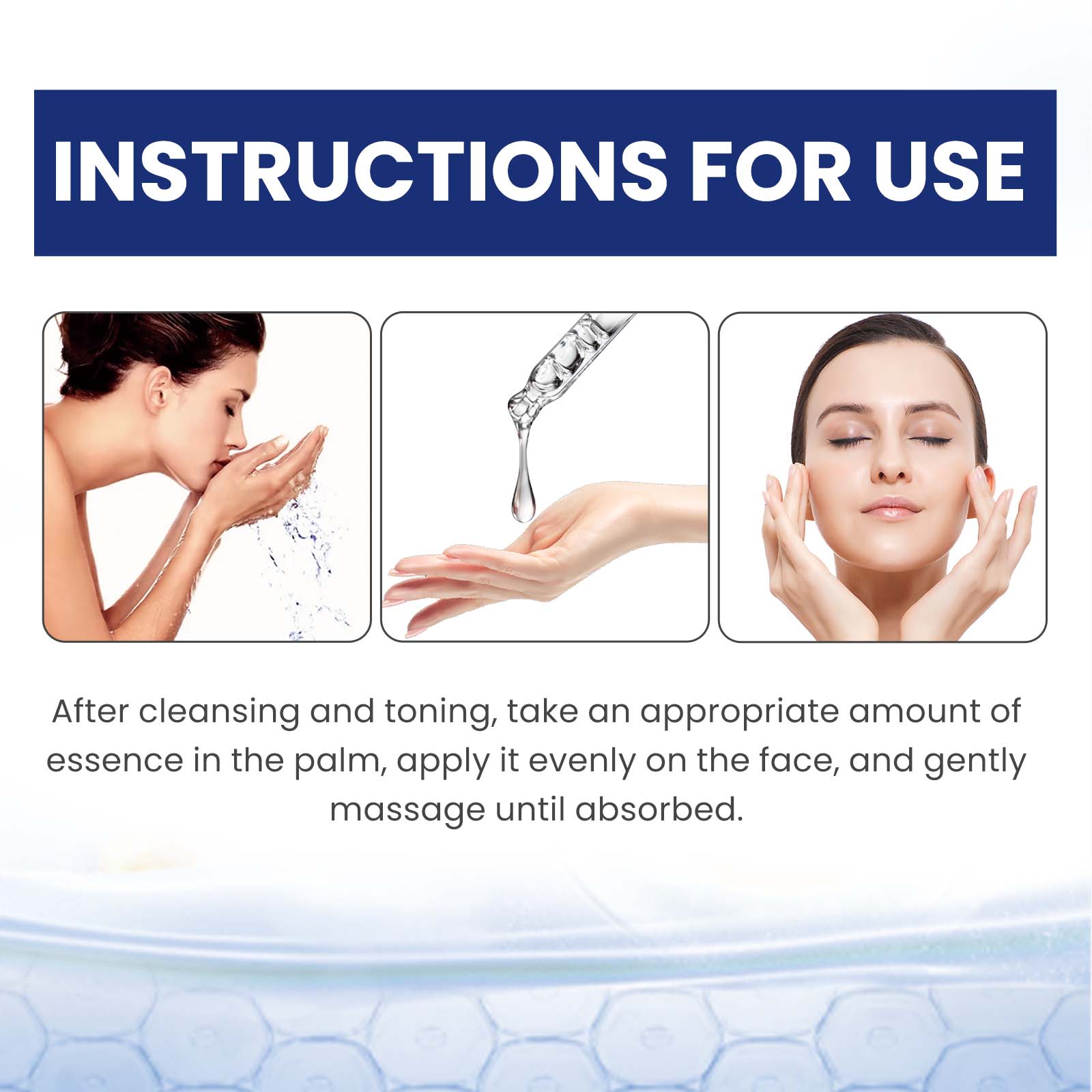 OUHOE Facial Essence Lightens Facial Fine Lines Nourishing Firming Gentle Hydrating Smooth Moisturizing Skin SerumSkin SerumNet content: 30ml/box  
 Product Name: Facial Essence  
 Keywords: Reduce Facial Fine Lines  
 Gross weight: 48g  
 Ingredients: Glycerin, Panthenol  
 Packaging size: 10.5*3*3cm  
 Product size: 10.3*2.8cm  
 Box size: 56*36*21.5cm  
 Packing quantity: 352 pieces  
 Weight per box: 17.64kg  
 Shelf life: 3 years  
 Storage method: Please store in a cool and shaded placeSkin SerumML Clinic  for Wellness