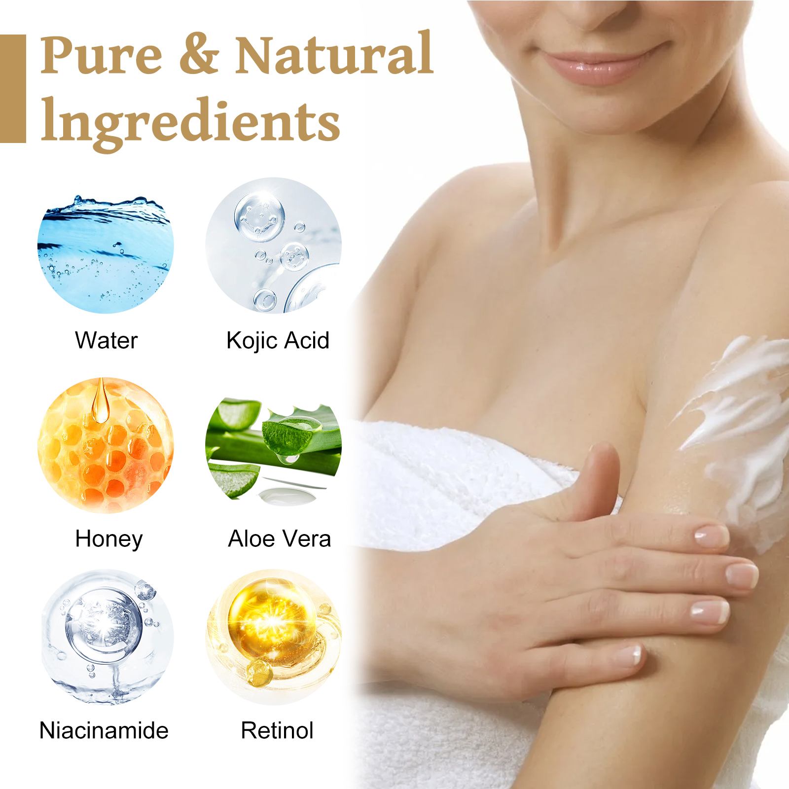 Body Whitening Cream Dark Spot Removal Whitening Hydrating Beauty CreamBody Whitening CreamNet content: 100g  
 Product name: Body Whitening Cream  
 Keywords: Brightening Skin Tone  
 Gross weight: 136g  
 Ingredients: Aloe Vera, Retinol, Niacinamide  
 Packaging size: 7.3*7.3*4.6cm  
 Product size: 7*4.3cm  
 Box size: 56*36*21.5cm  
 Packing quantity: 200 pieces  
 One box weight: 27.95kgBody Whitening CreamML Clinic  for Wellness