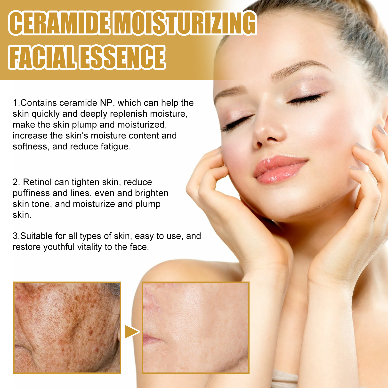 EELHOE Firming Skin Serum Hydrating Firming Skin Reducing Facial Fine Lines Softening Moisturizing SerumMoisturizing SerumNet content: 0.5g*30pcs  
 Product Name: Firming Skin Essence  
 Keywords: Anti-wrinkle, Firming Skin  
 Gross weight: 72g  
 Ingredients: Glycerin, Hydroxyethylcellulose  
 Packaging size: 7.6*4.6*4.6cm  
 Product size: 7.4*4.5cm  
 Box size: 56*36*21.5cm  
 Packing quantity: 260 pieces  
 Weight of one box: 19.47kg  
 Shelf life: 3 years  
 Storage method: Please store in a cool and shaded placeMoisturizing SerumML Clinic  for Wellness