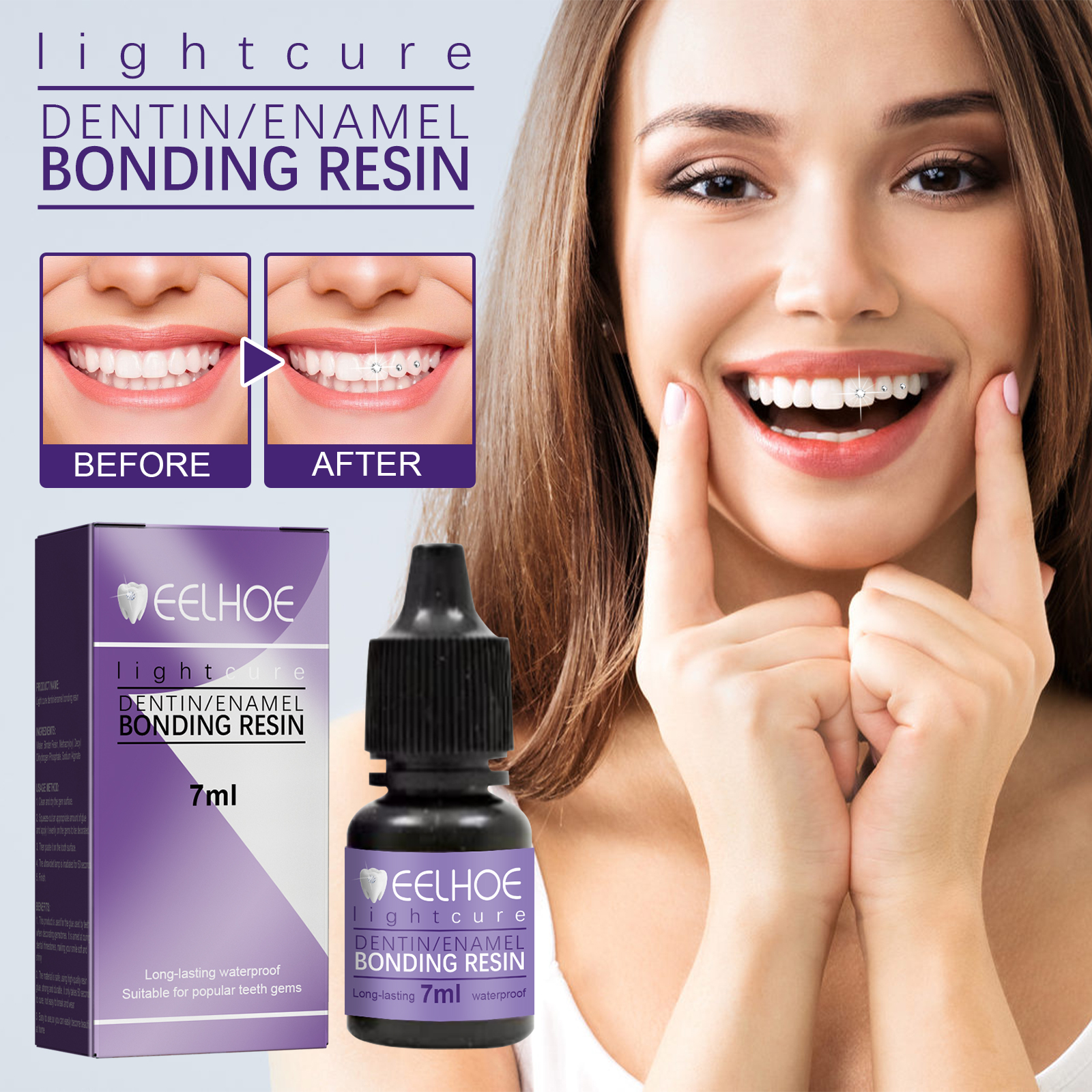 EELHOE Teeth Gem Decoration Glue DIY Fashion Jewelry Adhesive Teeth Gem Light Curing GlueTeeth Gem Light Curing GlueNet content: 7ml  
 Product name: Dental Gemstone Decorative Glue  
 Keywords: Gemstone Tooth Adhesive, Teeth Fixing Rhinestones  
 Gross weight: 15g  
 Ingredients: Water, Bonding Resin, Methacrylate  
 Packaging size: 6.1*2.3*2.3cm  
 Product size: 5.9*2.1cm  
 Box size: 56*36*21.5cm  
 Packing quantity: 600 pieces  
 Weight per box: 9.75kgTeeth Gem Light Curing GlueML Clinic  for Wellness